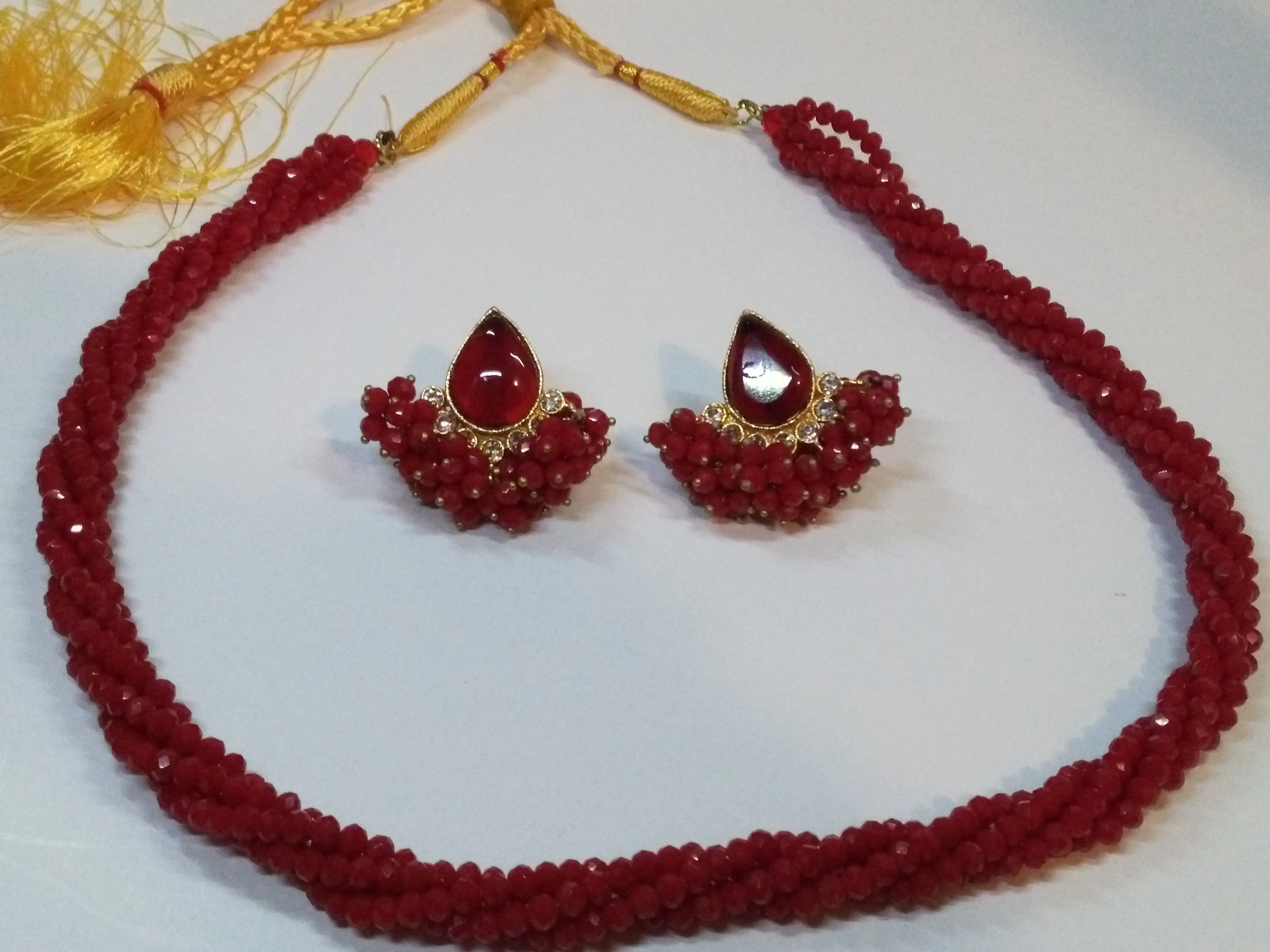 Red colored crystal pearls beads necklace & earrings set