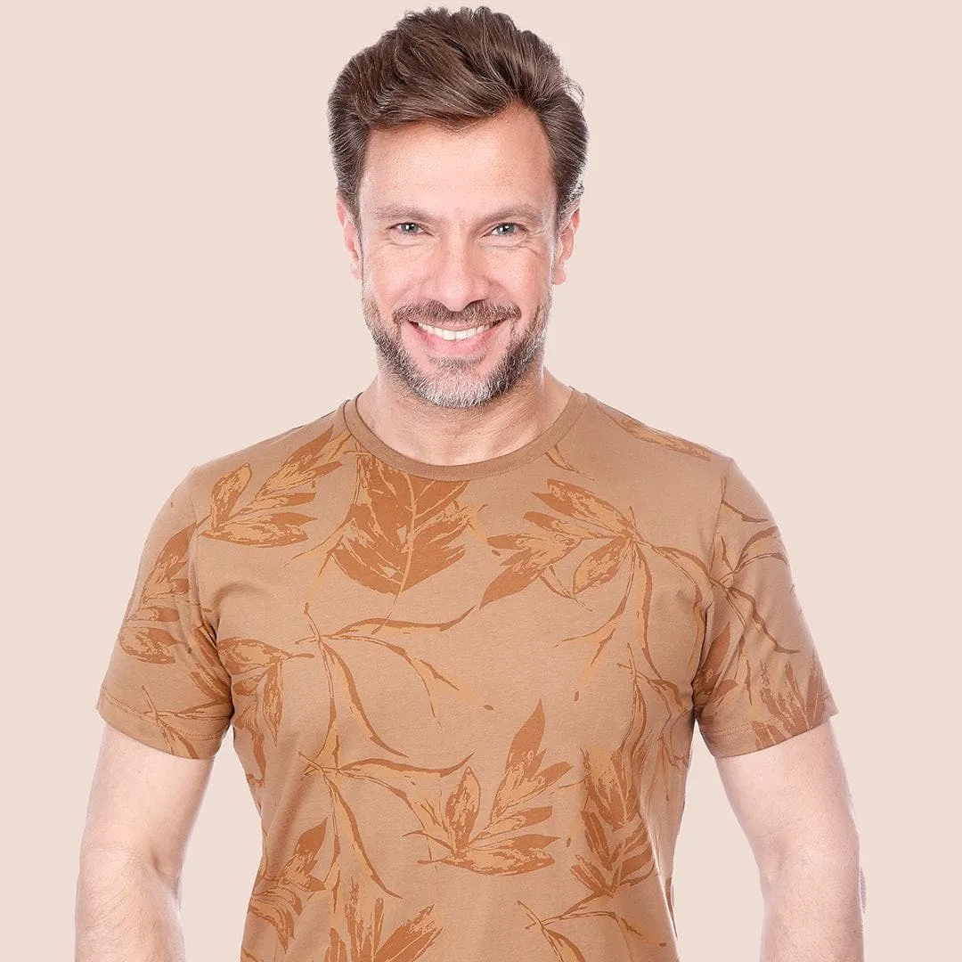 ROUND NECK PATTERNED T-SHIRT - CAMEL