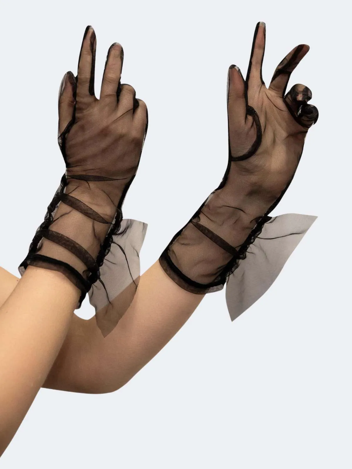 Sheer Black Mesh Gloves with Frill Detail