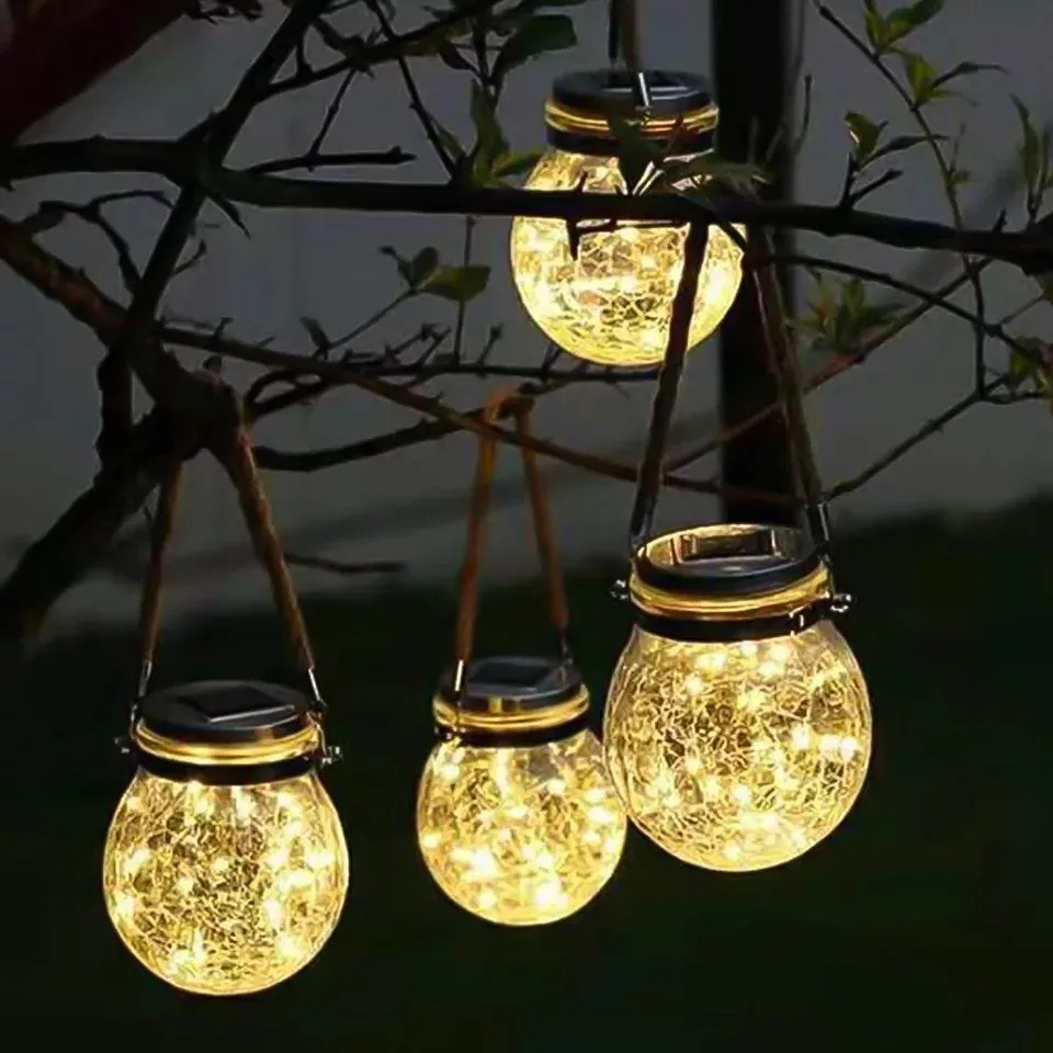 Solar Lantern Outdoor Crack Glass Solar Light led Mason Jar Light