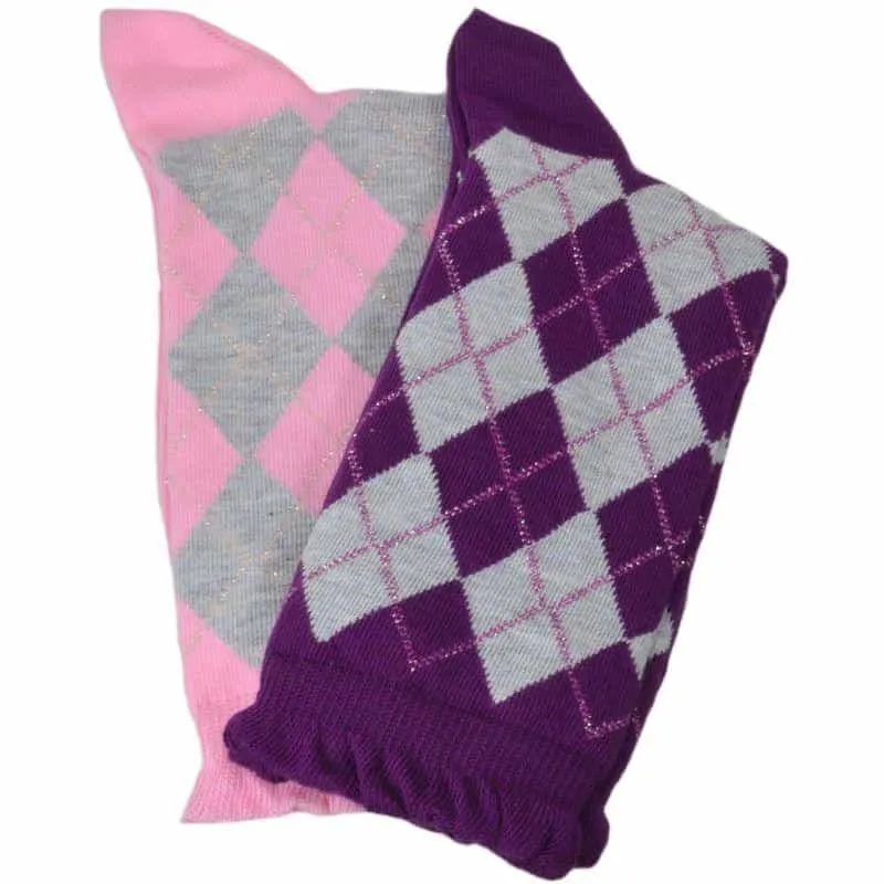 Sparkly Cotton Argyle Crew Socks for Women - 2 -Pair Packs