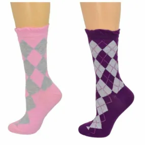 Sparkly Cotton Argyle Crew Socks for Women - 2 -Pair Packs