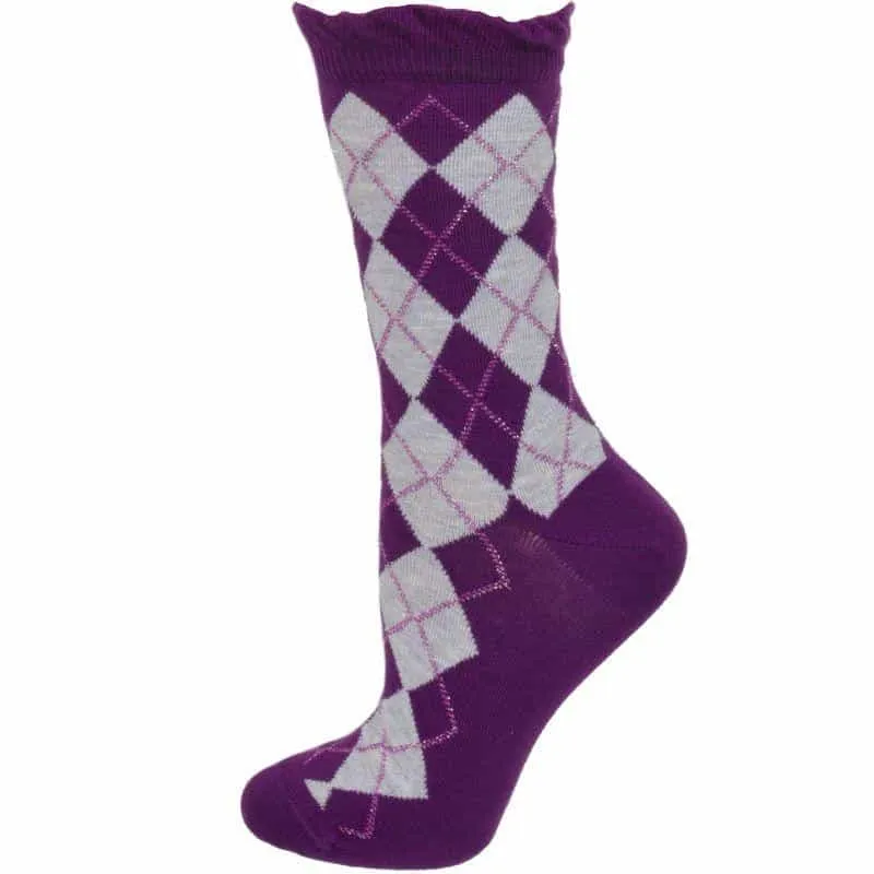 Sparkly Cotton Argyle Crew Socks for Women - 2 -Pair Packs