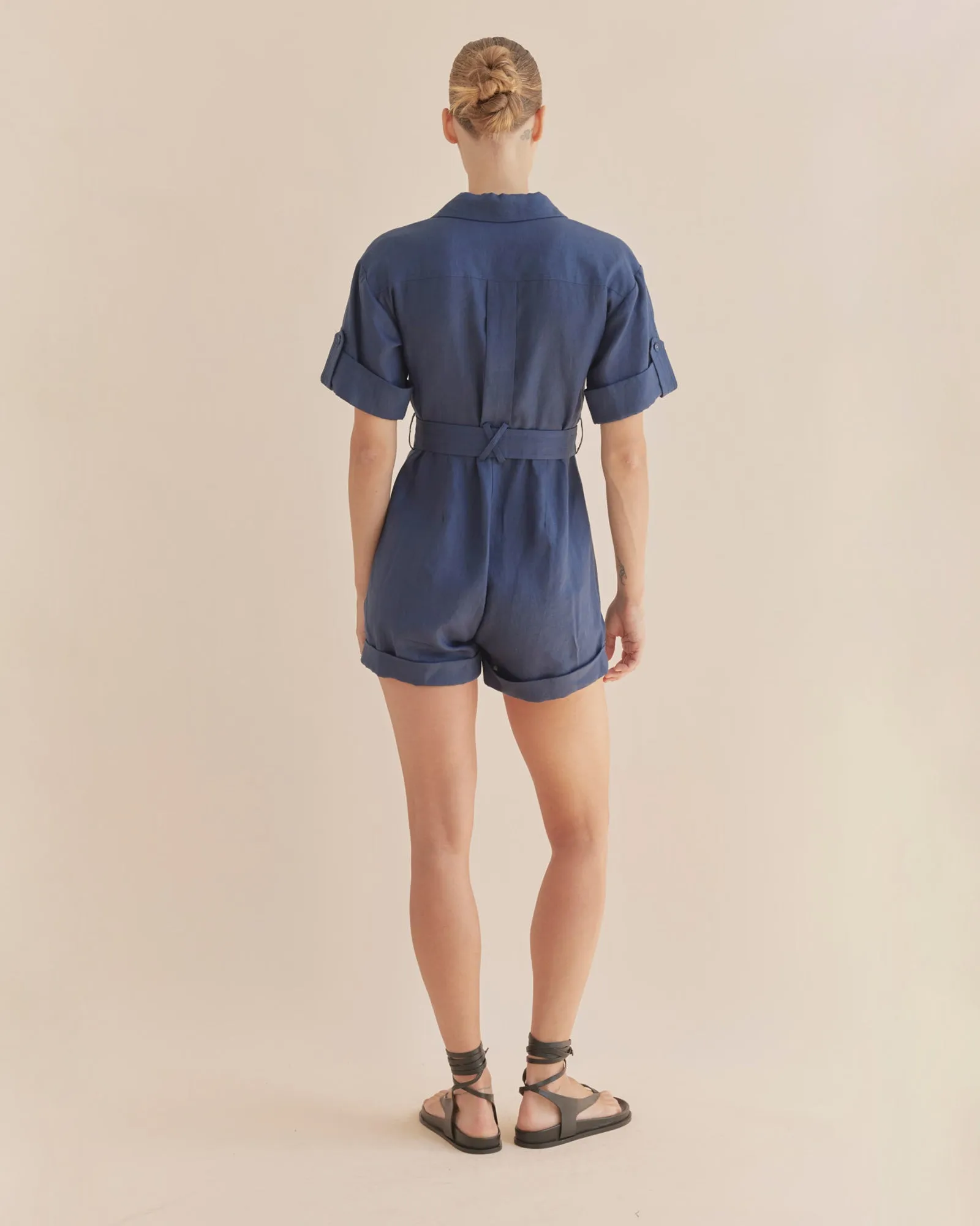 Surreal Linen Playsuit - Navy