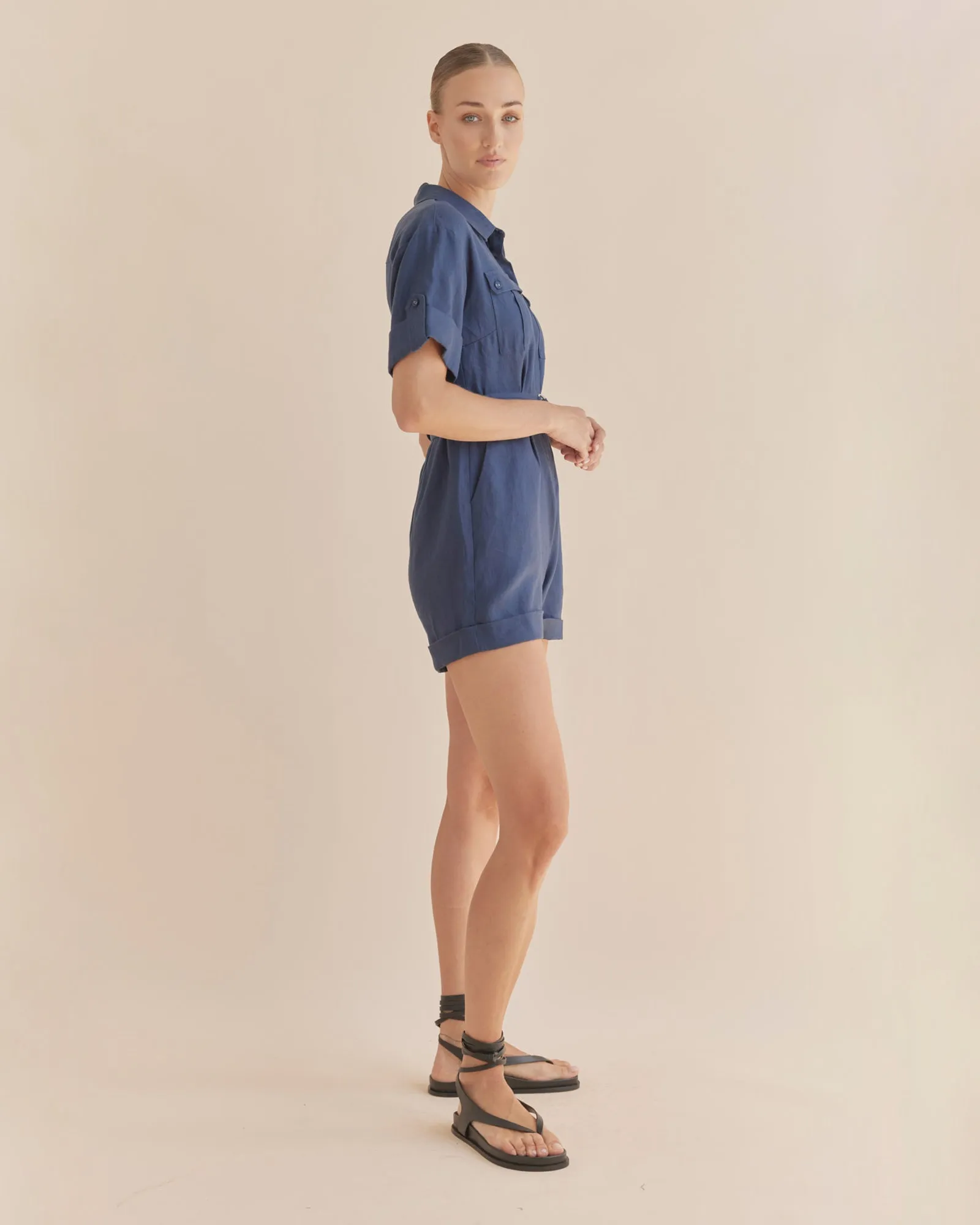 Surreal Linen Playsuit - Navy