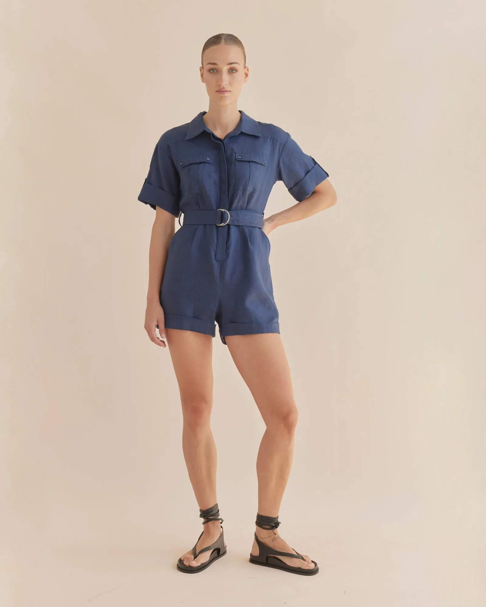 Surreal Linen Playsuit - Navy