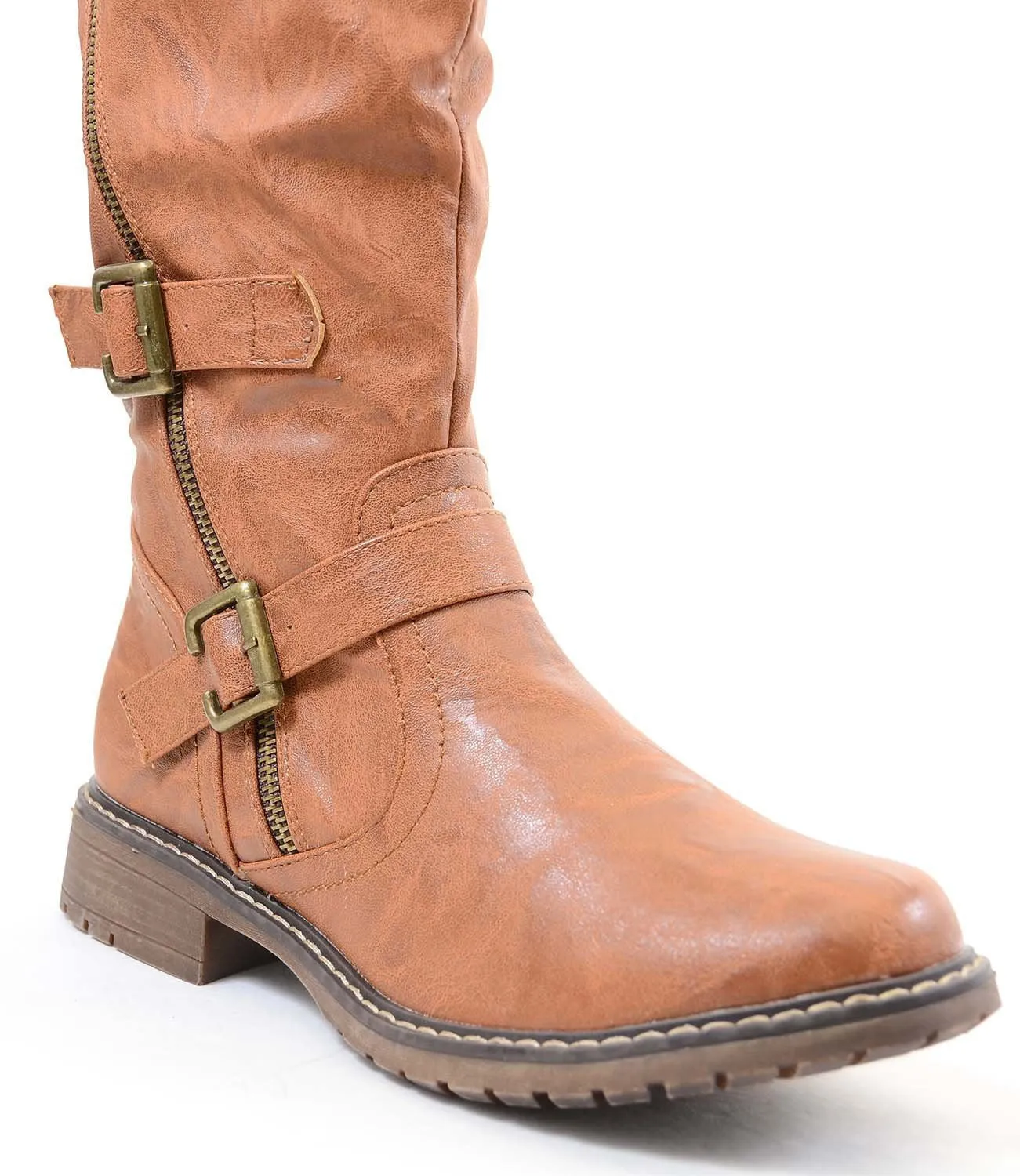 Tan Riding Double Ankle Strap Knee-high Women's Vegan Biker Boots