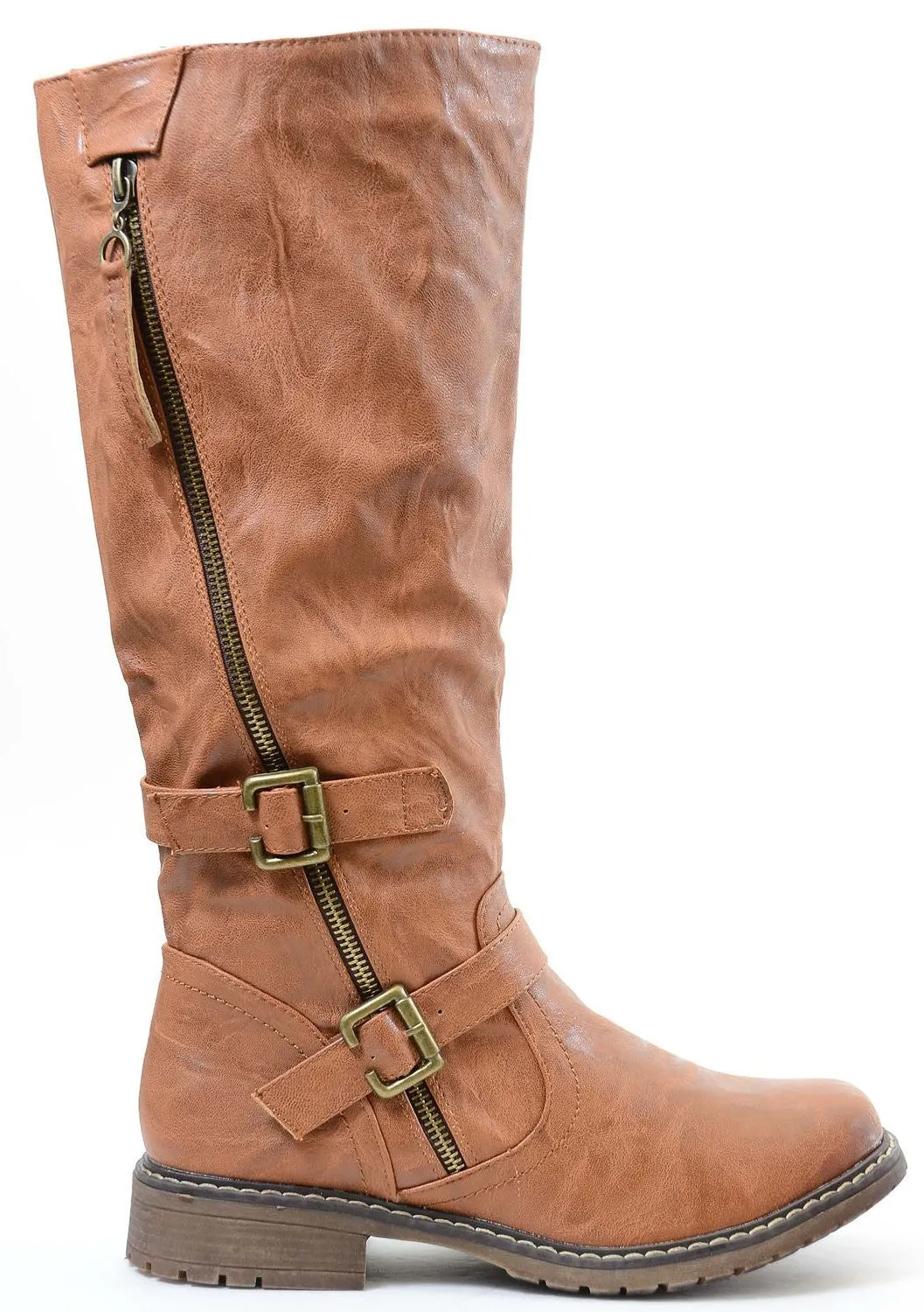 Tan Riding Double Ankle Strap Knee-high Women's Vegan Biker Boots