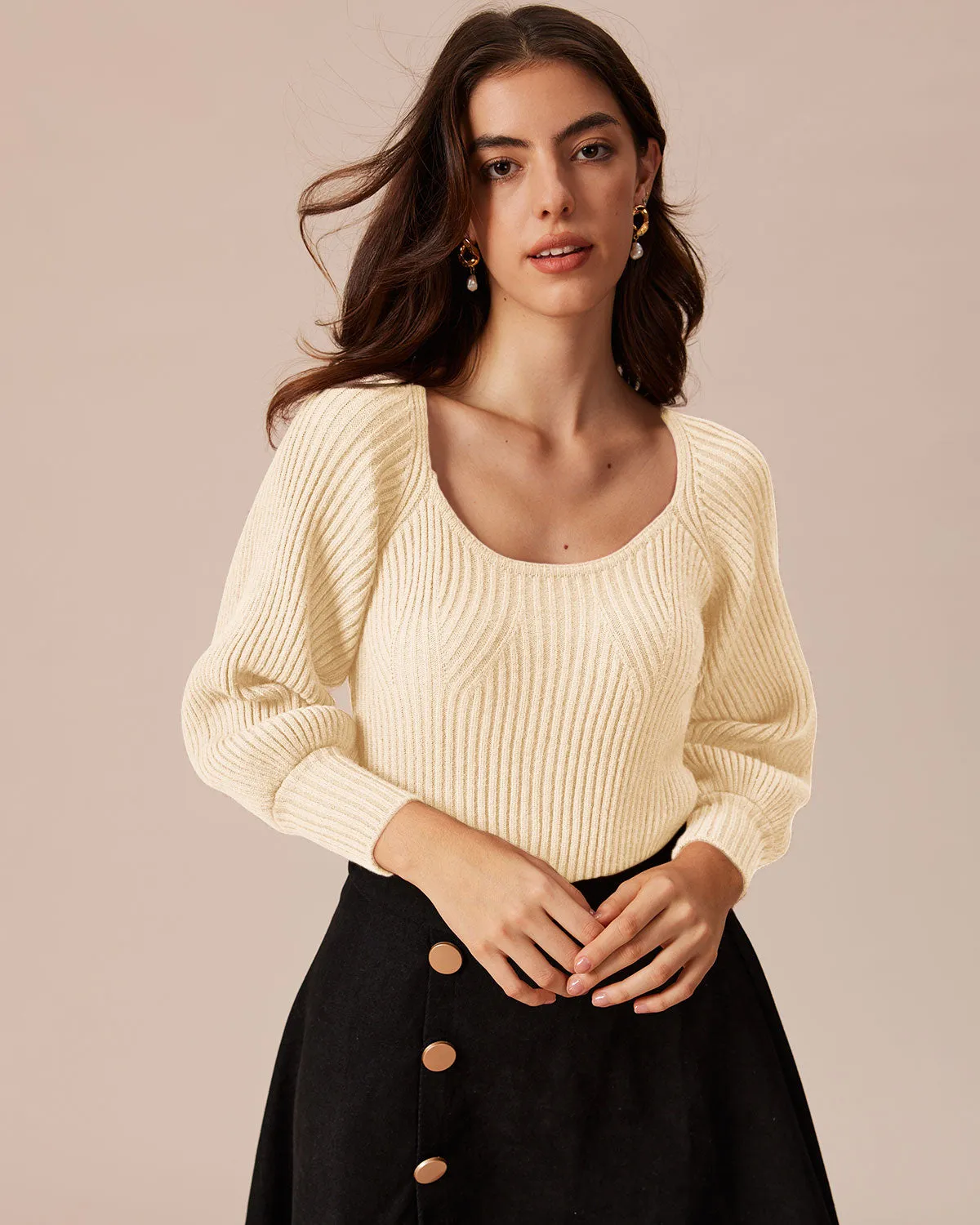 The Beige Scoop Neck Lantern Sleeve Sweater