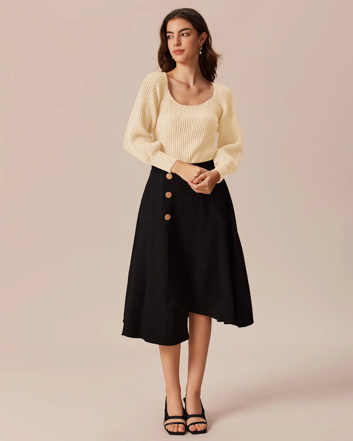 The Beige Scoop Neck Lantern Sleeve Sweater