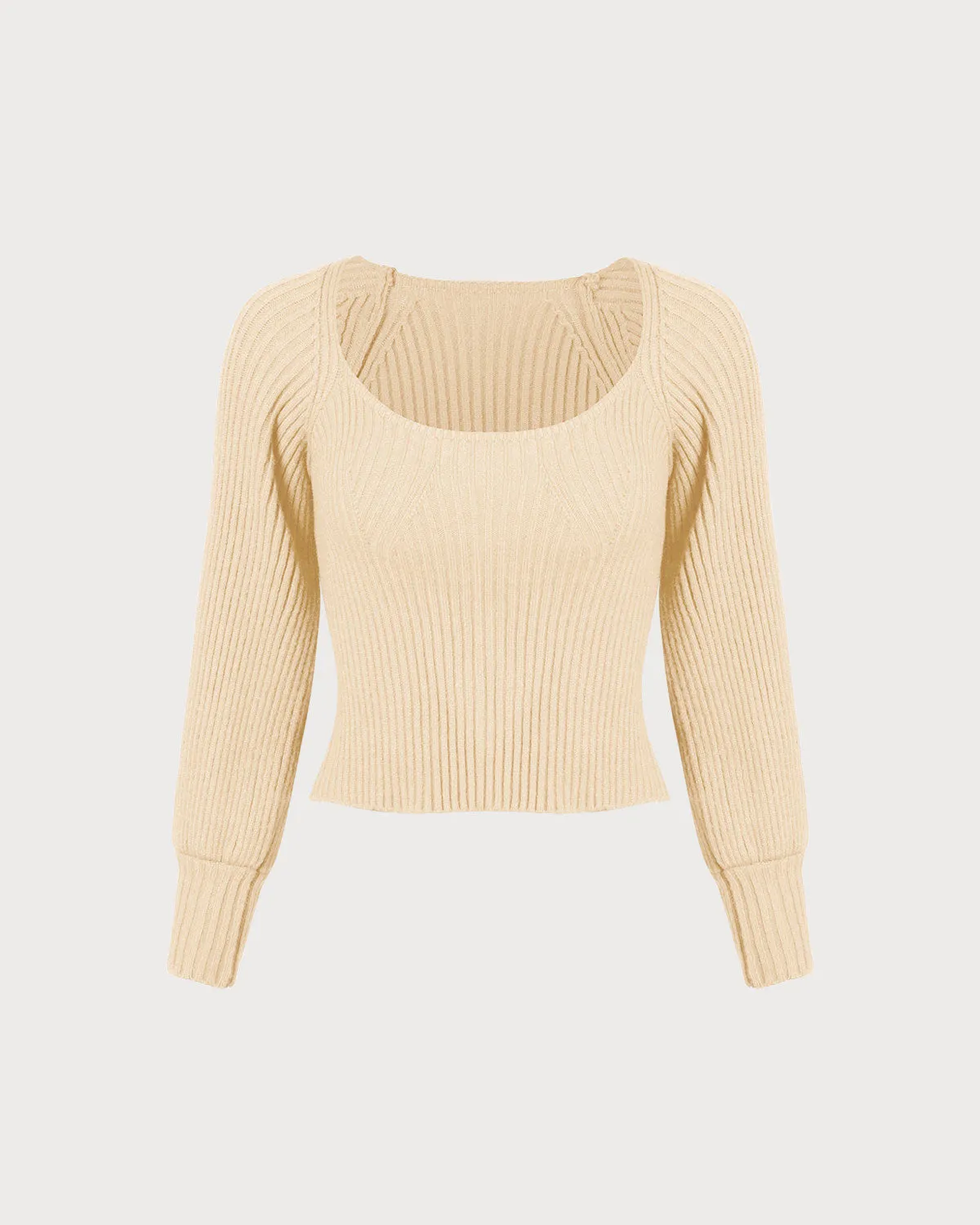 The Beige Scoop Neck Lantern Sleeve Sweater