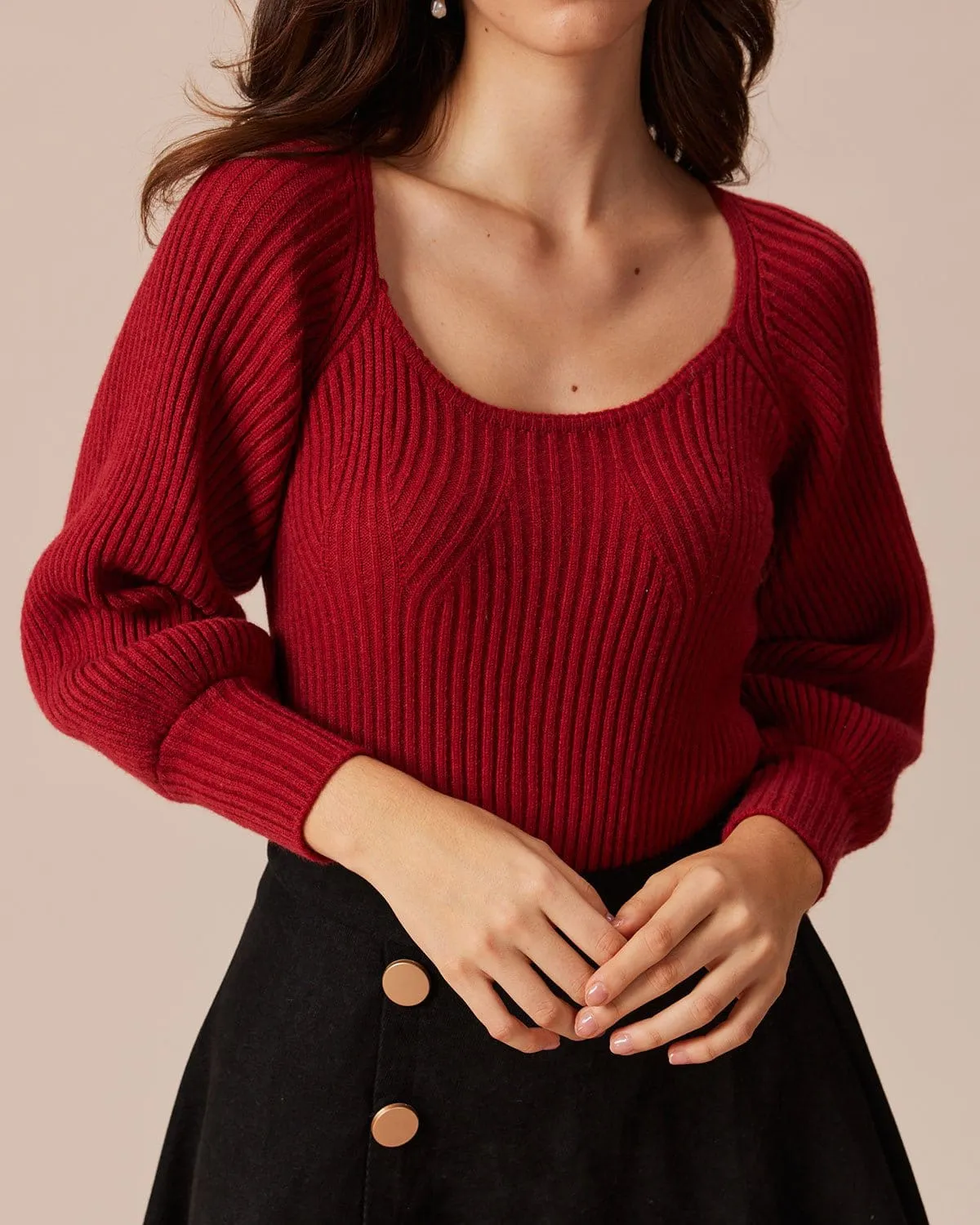 The Red Scoop Neck Lantern Sleeve Sweater