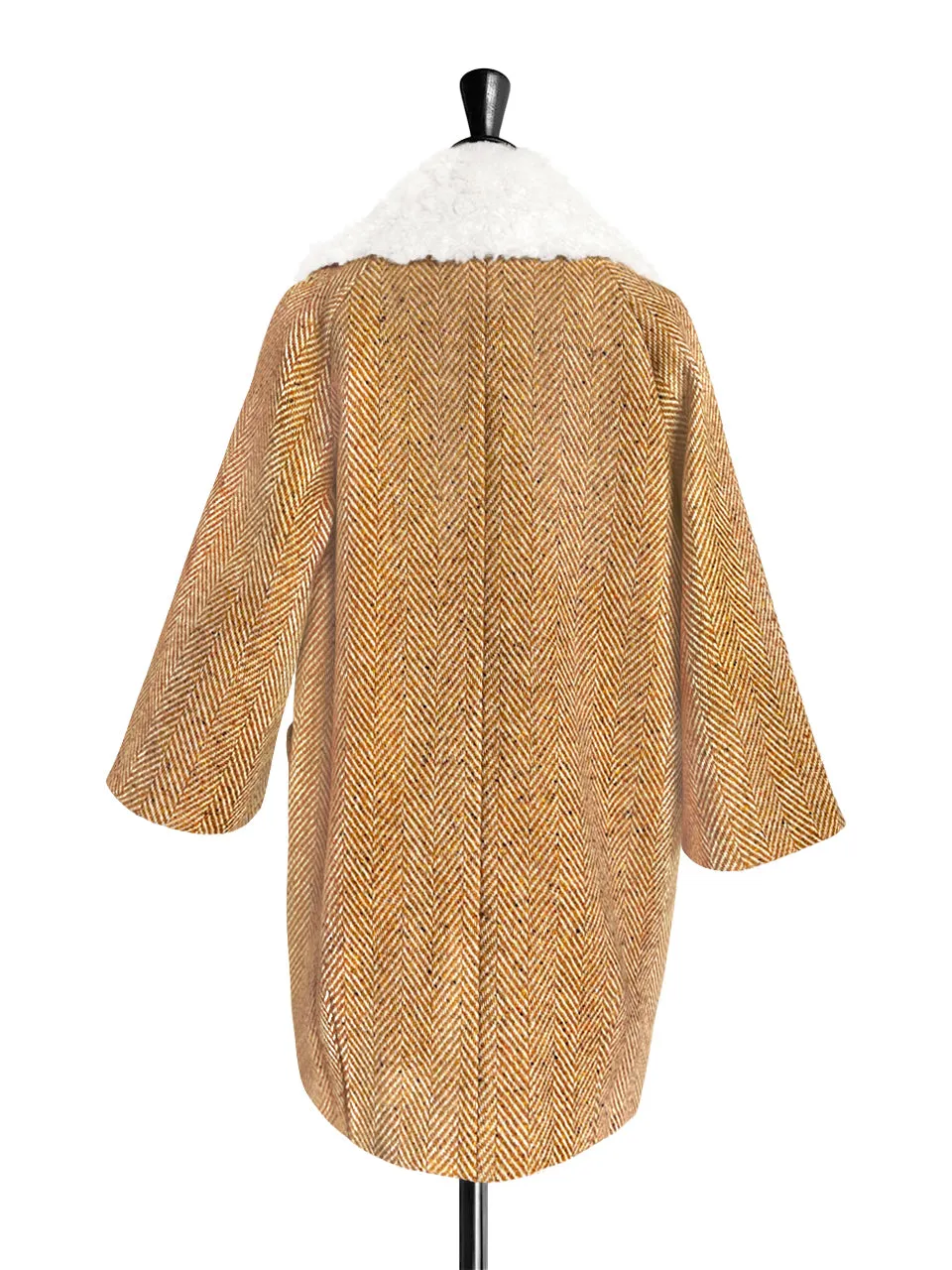 Toffee Removable Furry Collar Herringbone Woollen Cocoon Coat