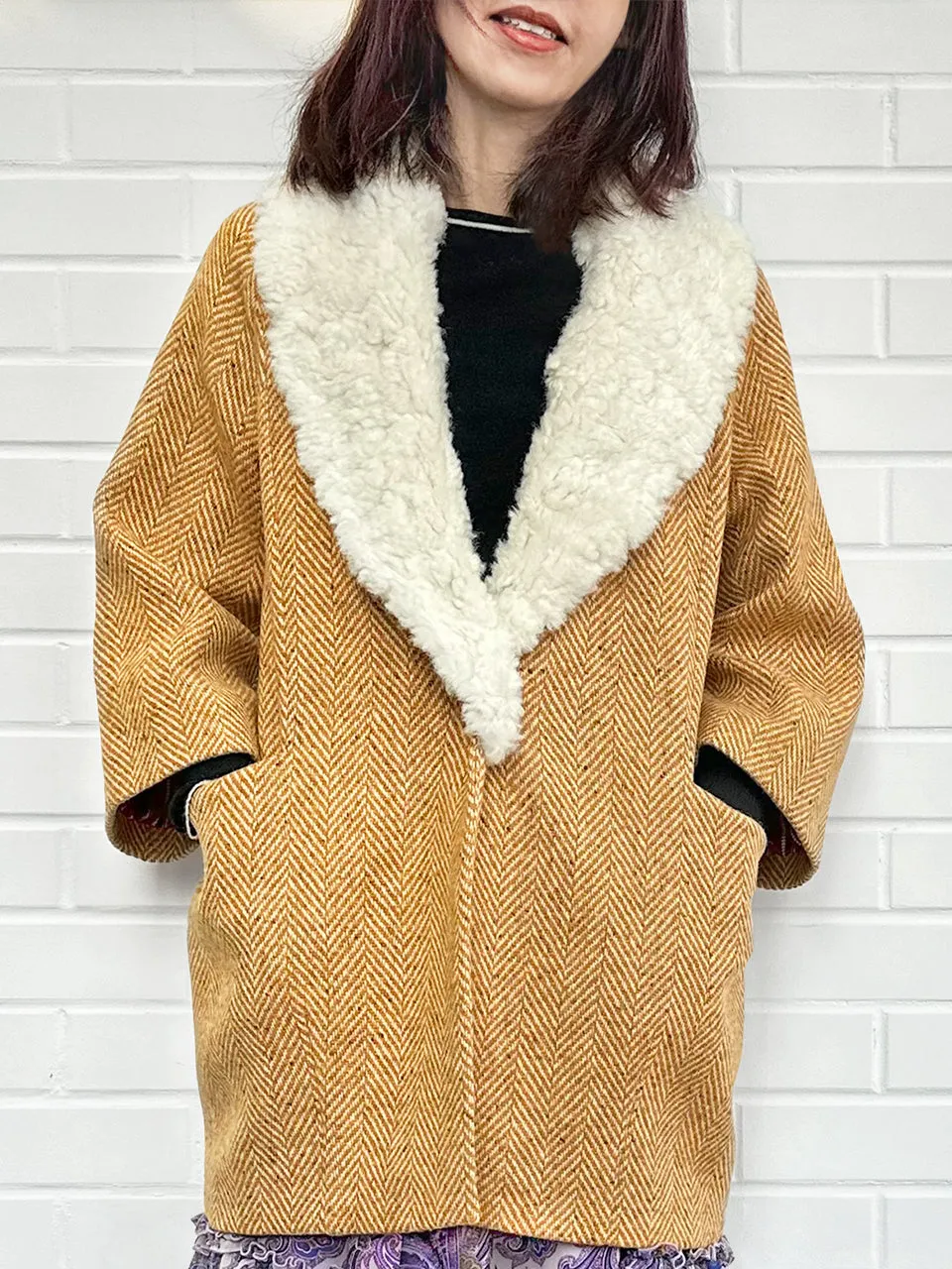 Toffee Removable Furry Collar Herringbone Woollen Cocoon Coat