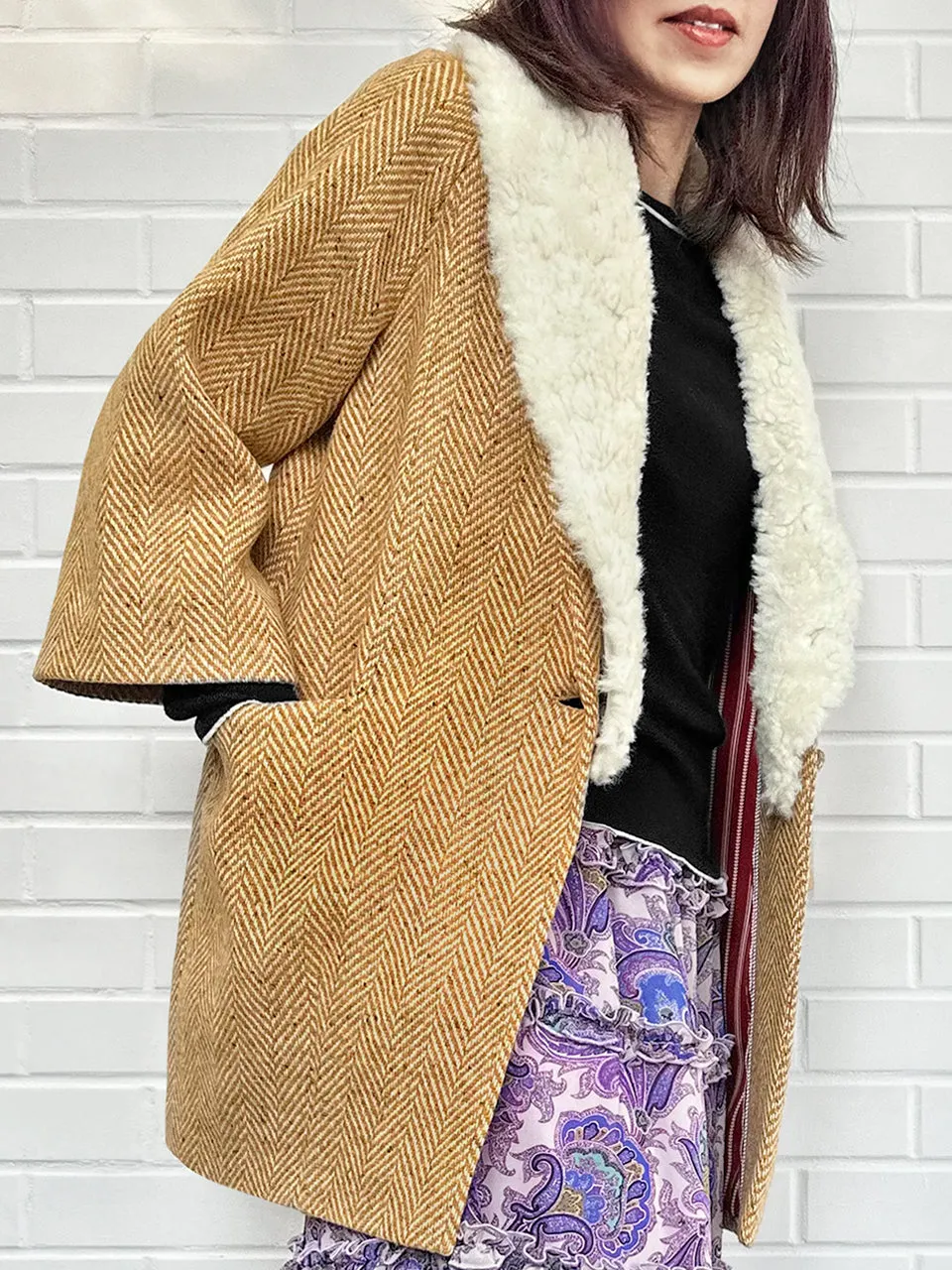 Toffee Removable Furry Collar Herringbone Woollen Cocoon Coat