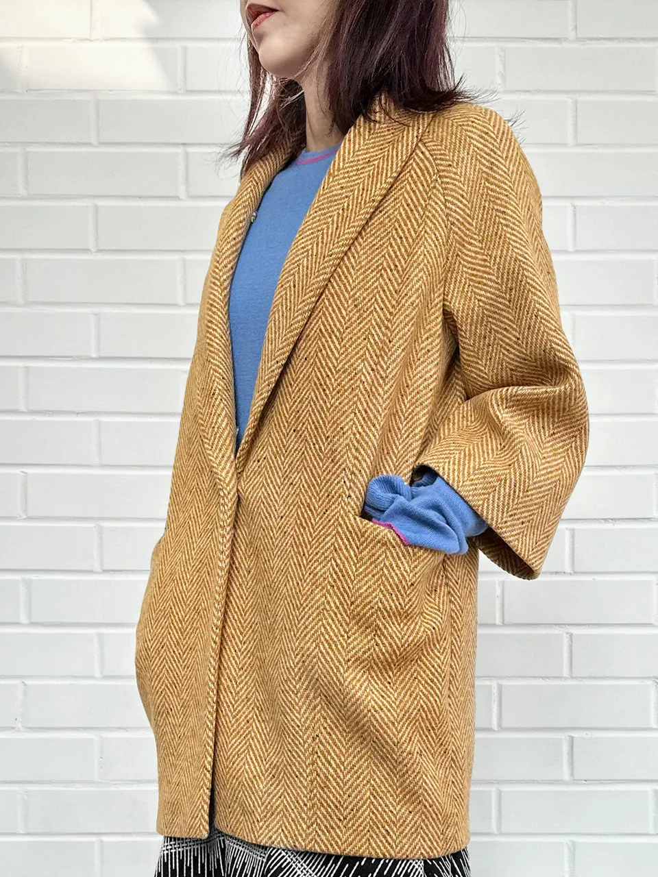 Toffee Removable Furry Collar Herringbone Woollen Cocoon Coat