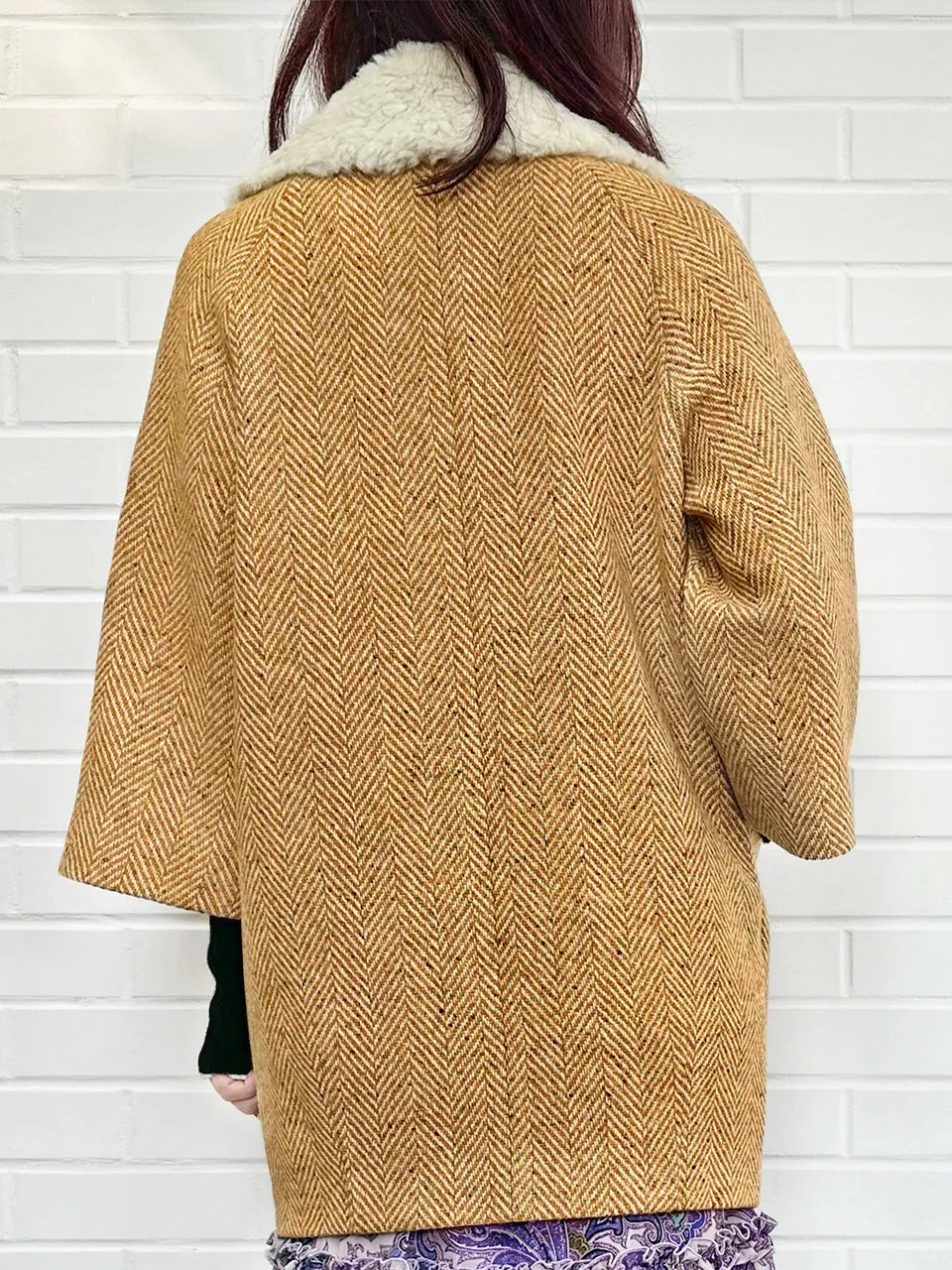 Toffee Removable Furry Collar Herringbone Woollen Cocoon Coat