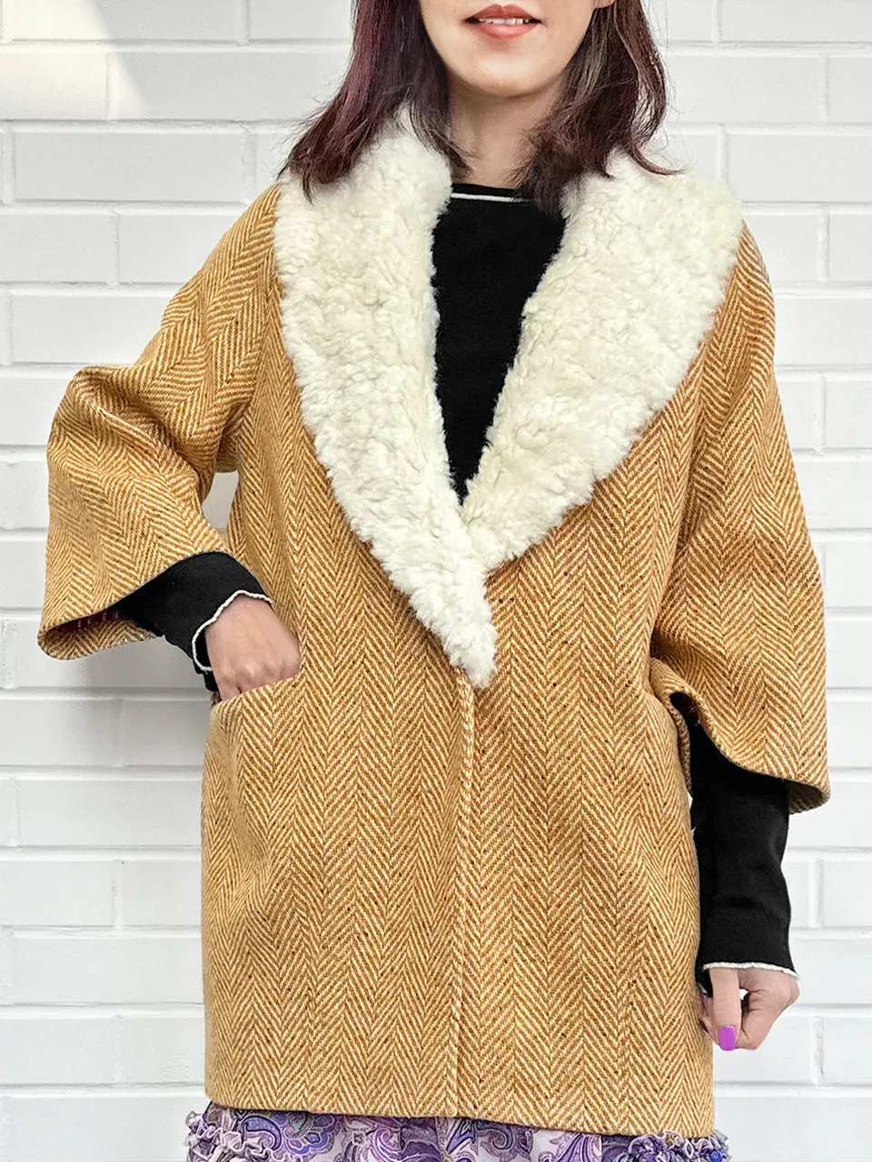 Toffee Removable Furry Collar Herringbone Woollen Cocoon Coat