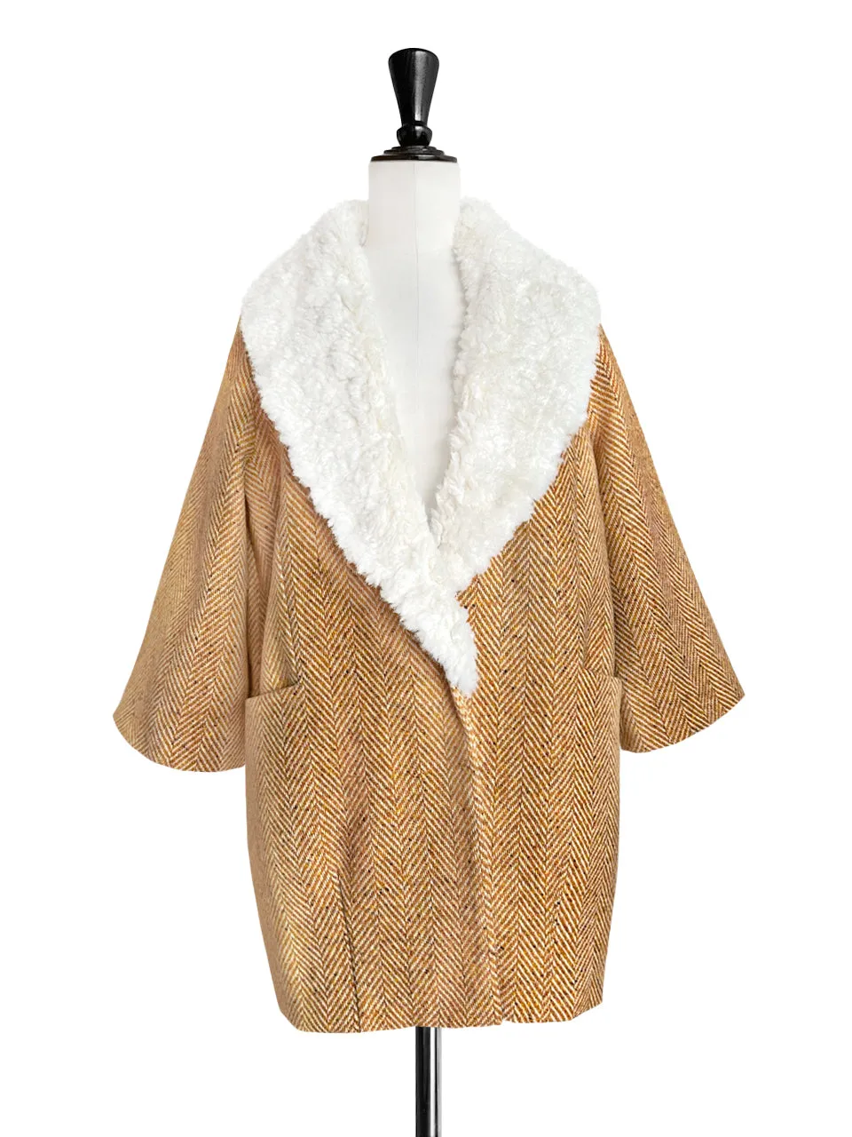 Toffee Removable Furry Collar Herringbone Woollen Cocoon Coat