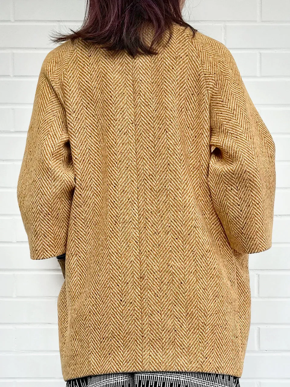 Toffee Removable Furry Collar Herringbone Woollen Cocoon Coat