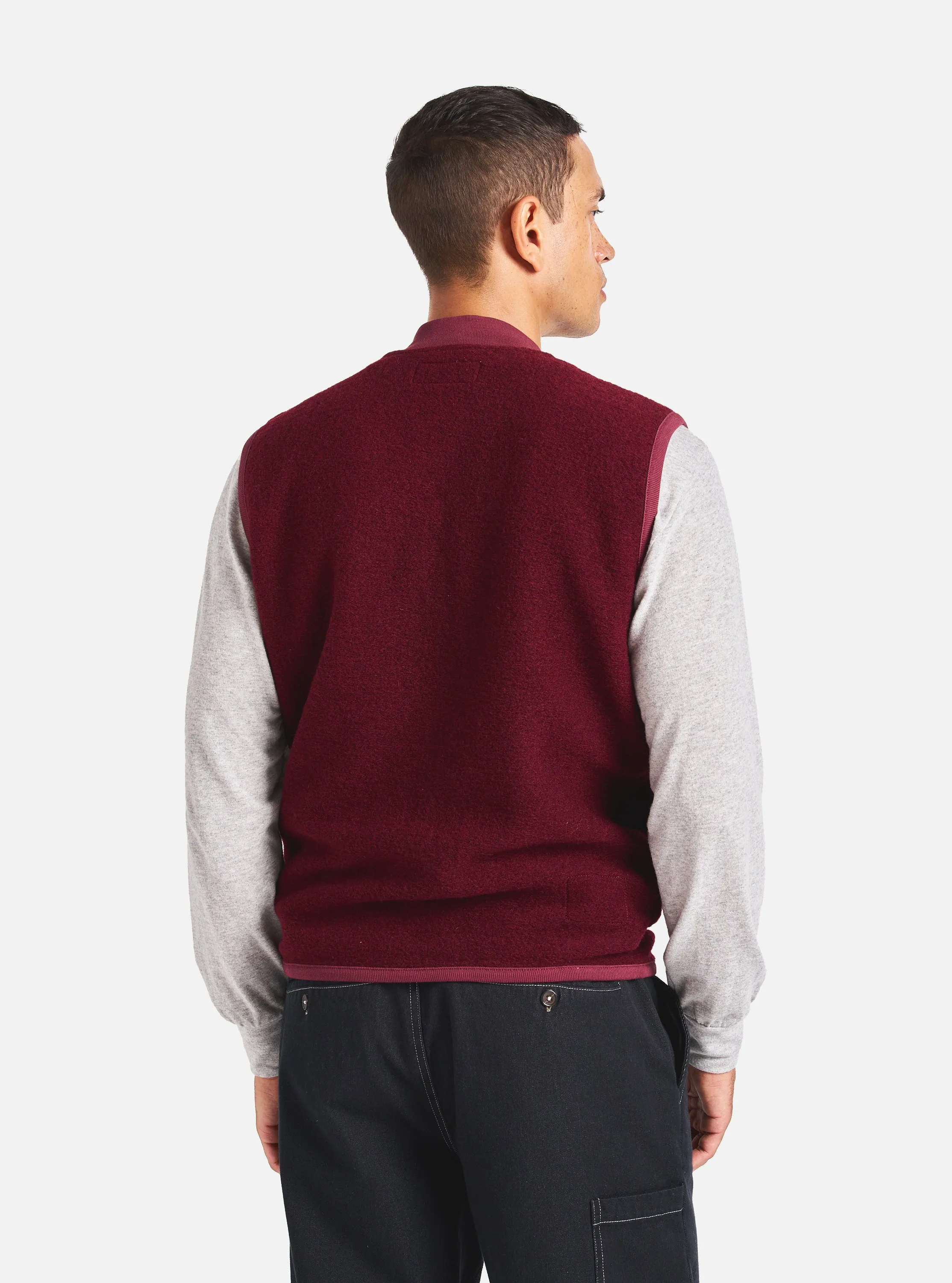 Universal Works Zip Waistcoat in Deep Red Wool Fleece