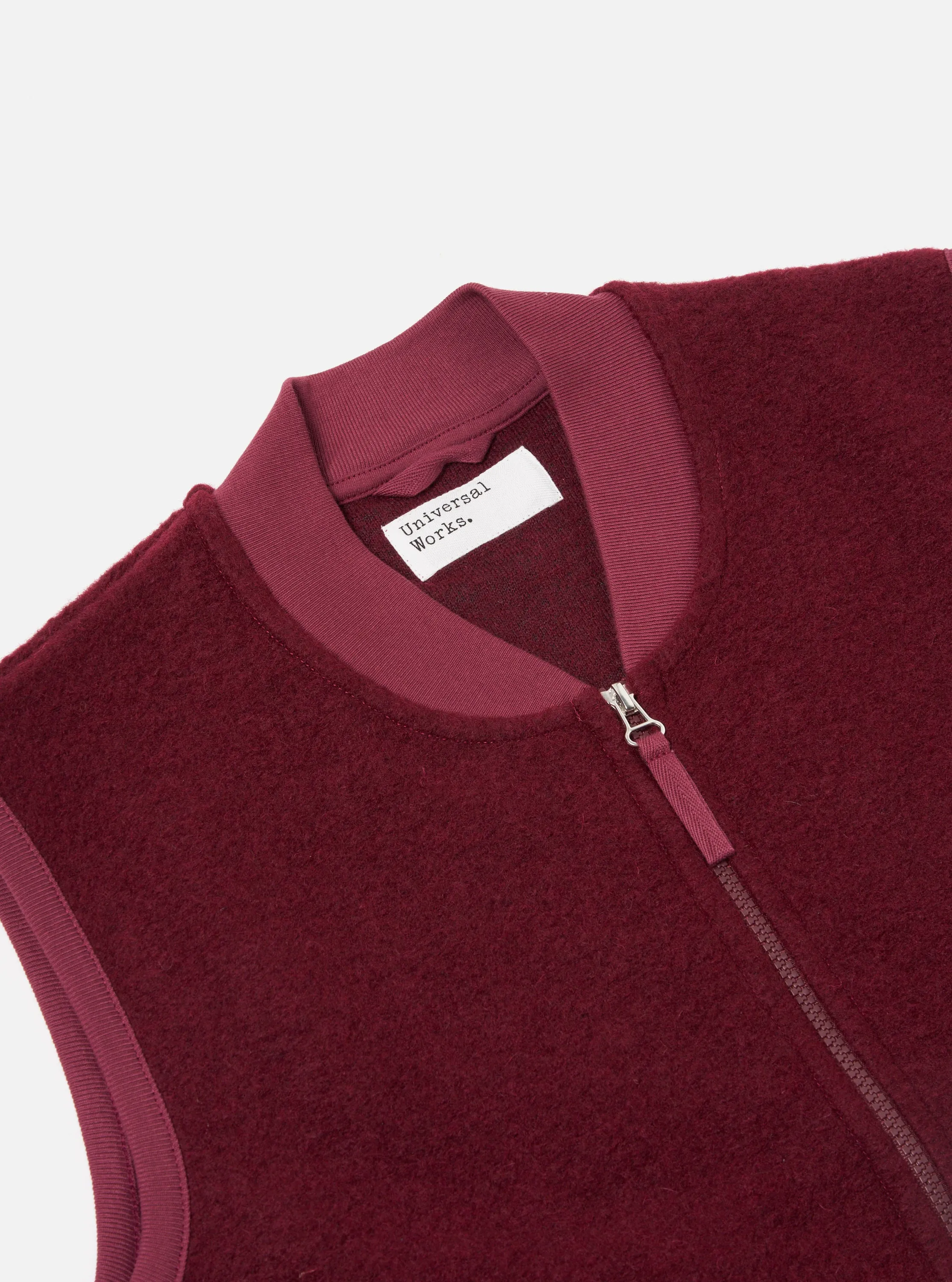 Universal Works Zip Waistcoat in Deep Red Wool Fleece