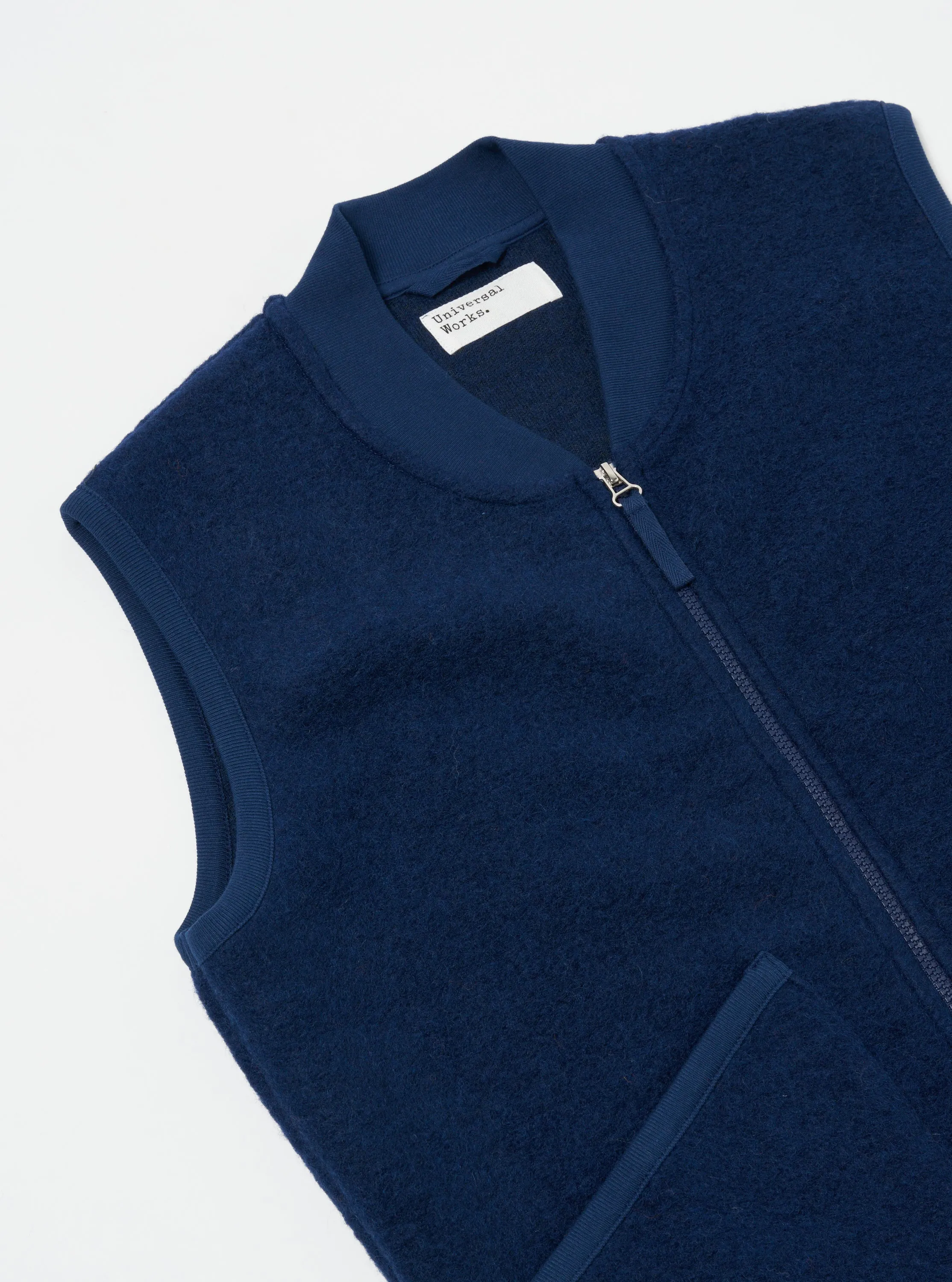 Universal Works Zip Waistcoat in Indigo Wool Fleece