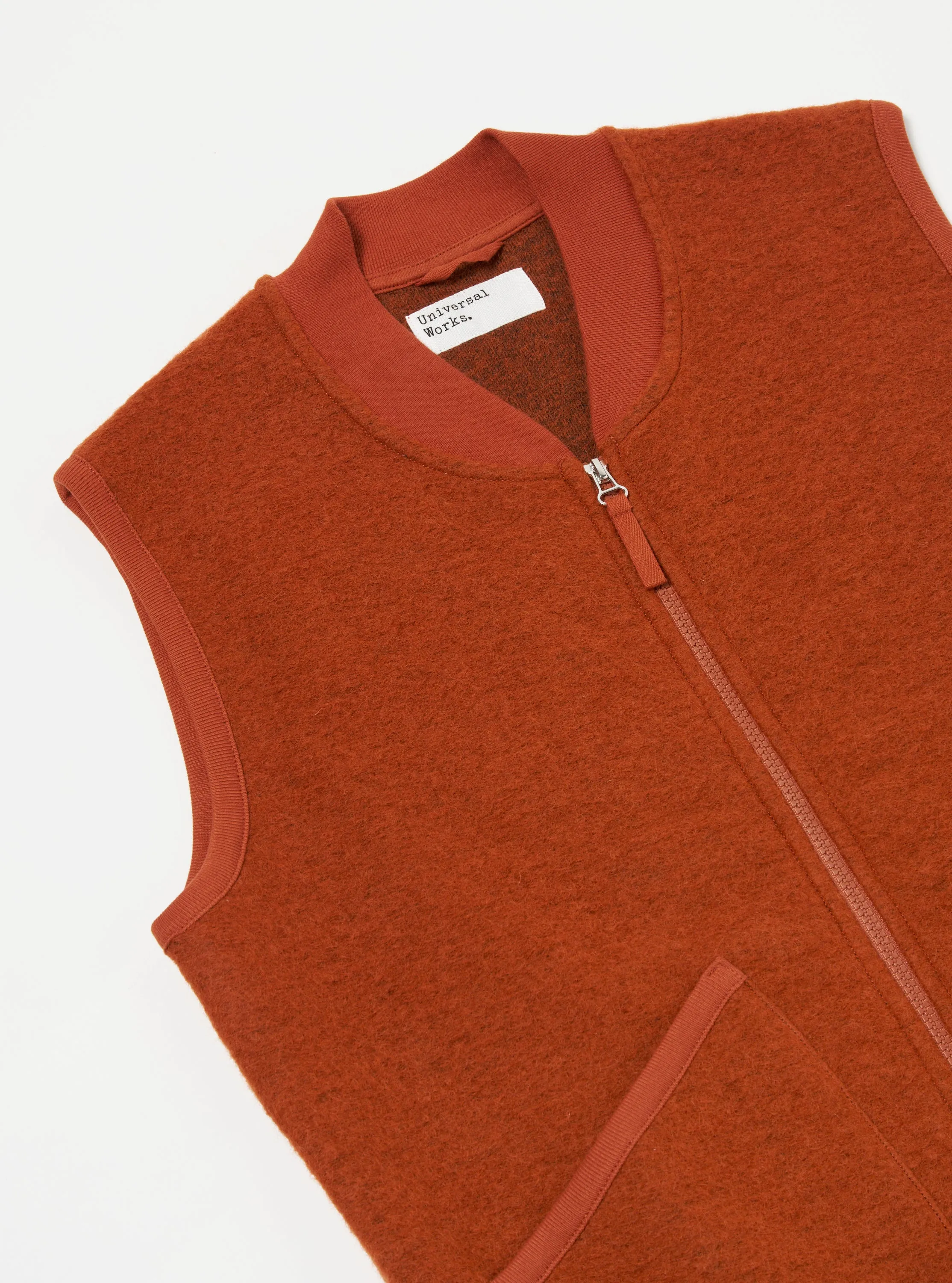 Universal Works Zip Waistcoat in Orange Wool Fleece