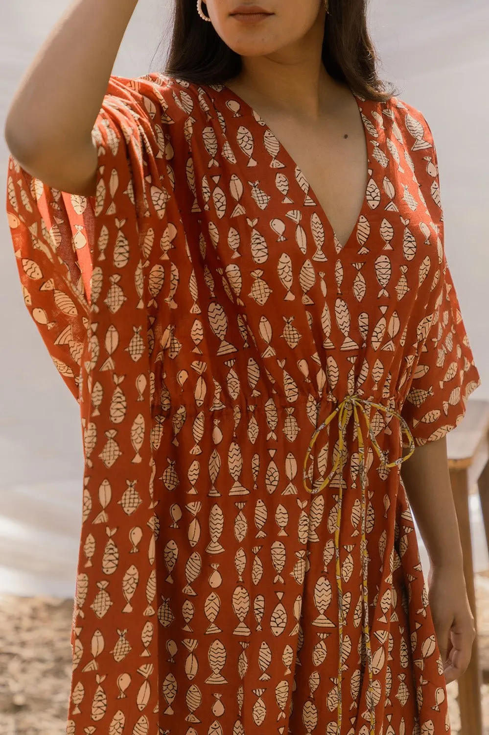 V neck Red Cotton Kaftan