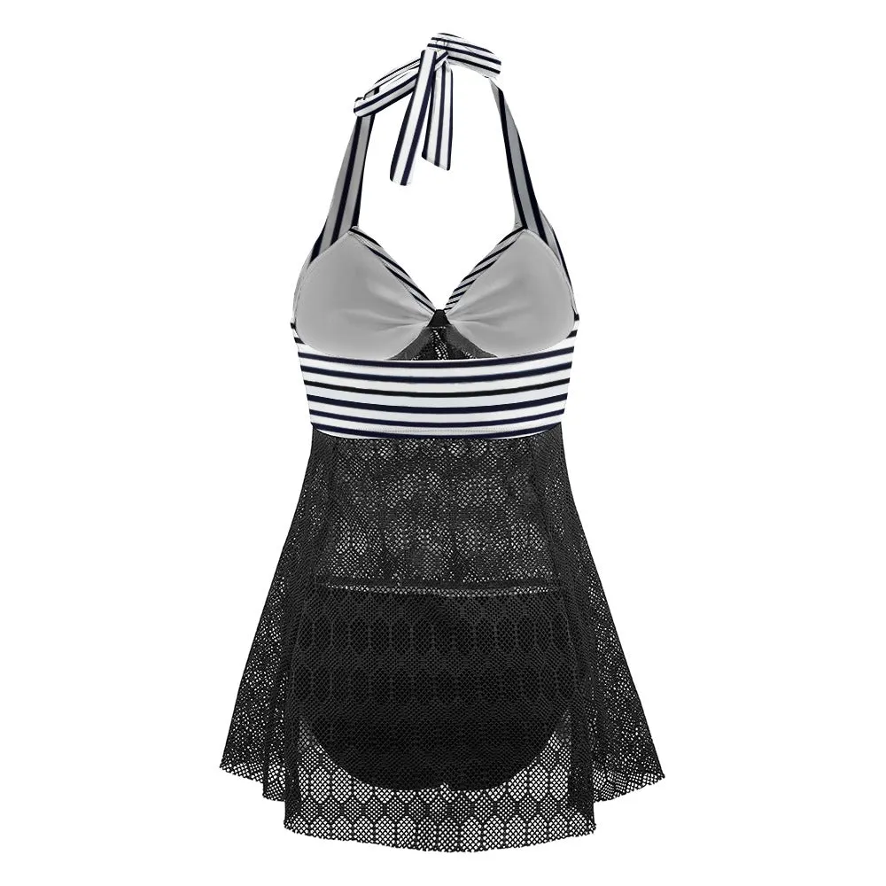 Vampire Art Goth Halter Two Piece Mesh Tankini Swimsuit - Black and White Stripy