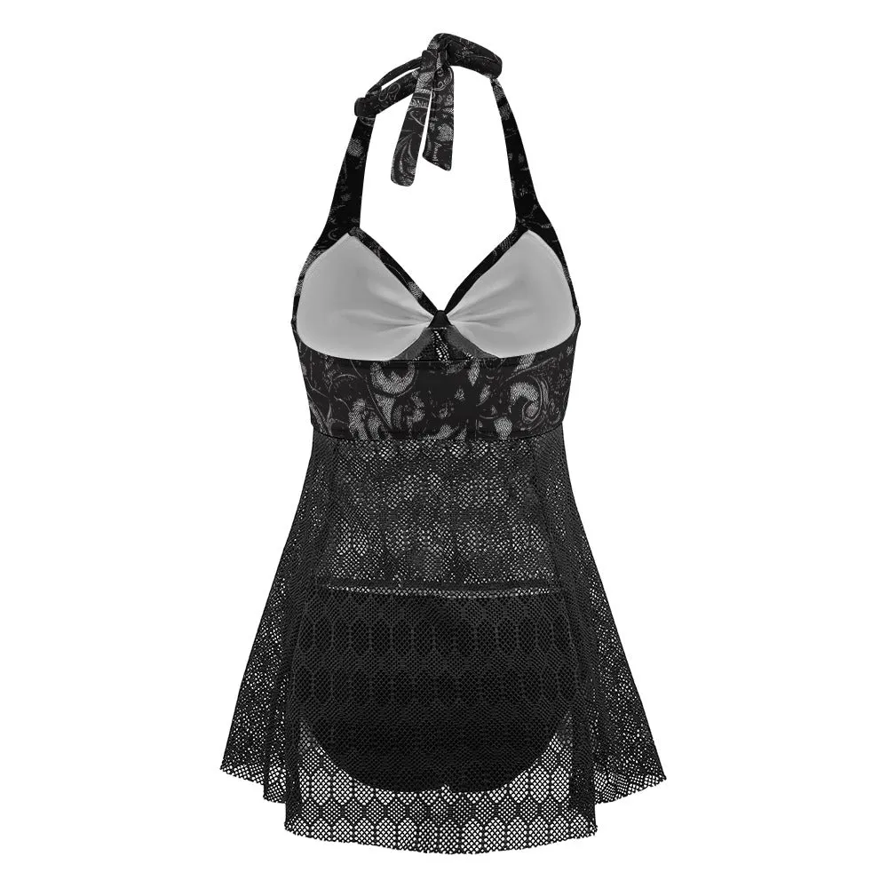 Vampire Art Goth Halter Two Piece Mesh Tankini Swimsuit - Black Lace Print