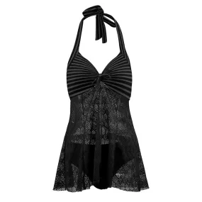 Vampire Art Goth Halter Two Piece Mesh Tankini Swimsuit - Charcoal and Black Stripes