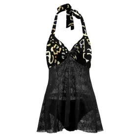 Vampire Art Goth Halter Two Piece Mesh Tankini Swimsuit -Gold Leopard