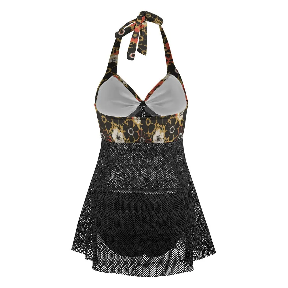 Vampire Art Goth Halter Two Piece Mesh Tankini Swimsuit - Grunge Flowers