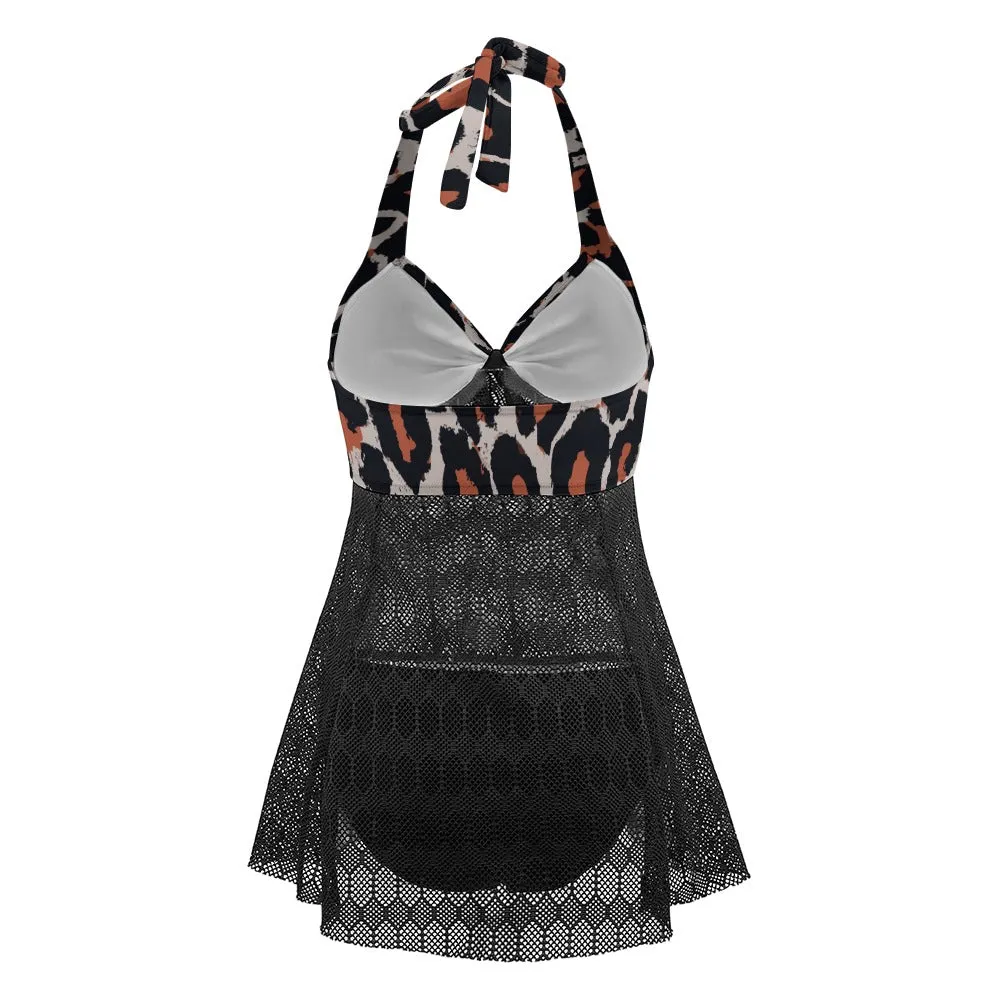 Vampire Art Goth Halter Two Piece Mesh Tankini Swimsuit -Grunge Grey and Brown Leopard