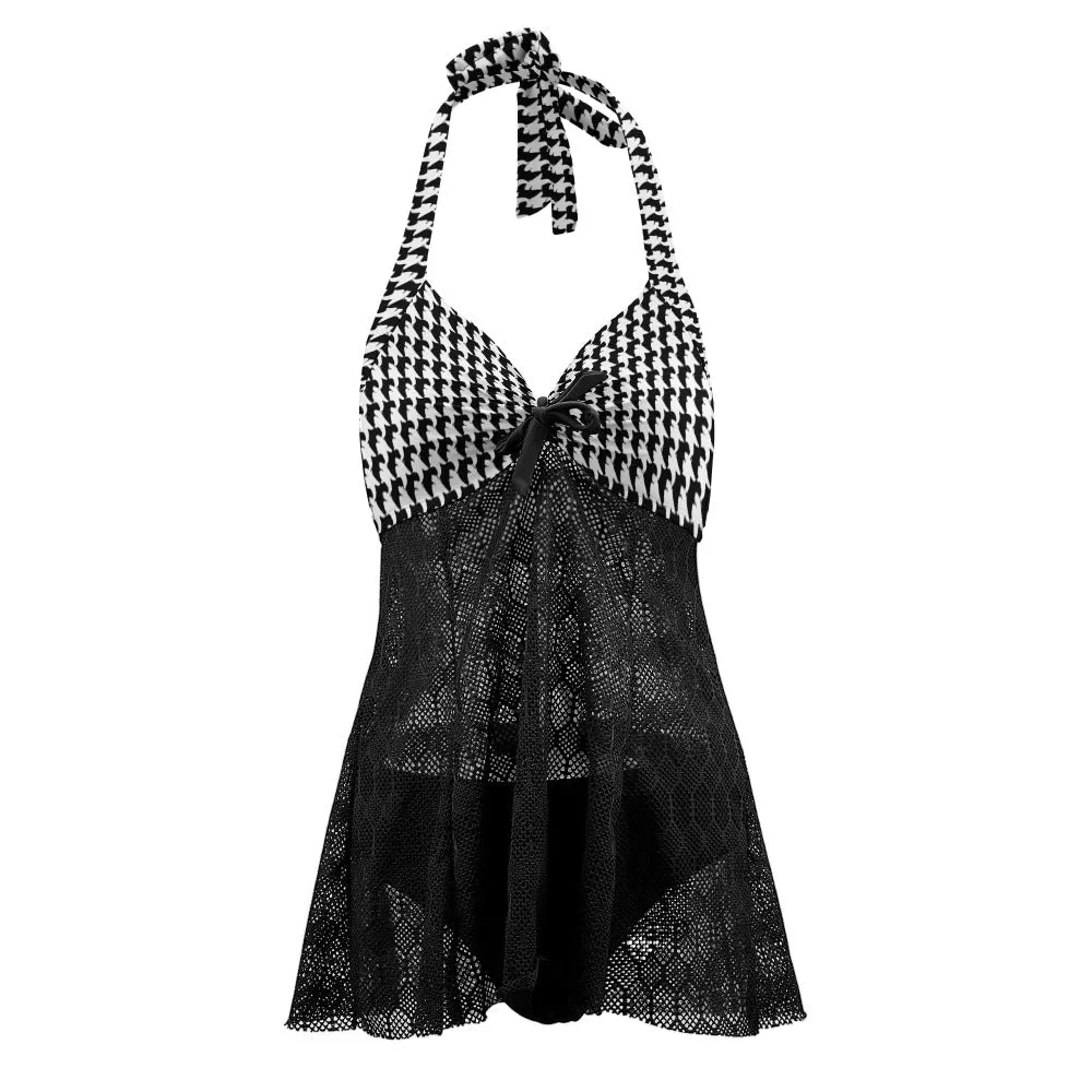 Vampire Art Goth Halter Two Piece Mesh Tankini Swimsuit - Retro Houndstooth