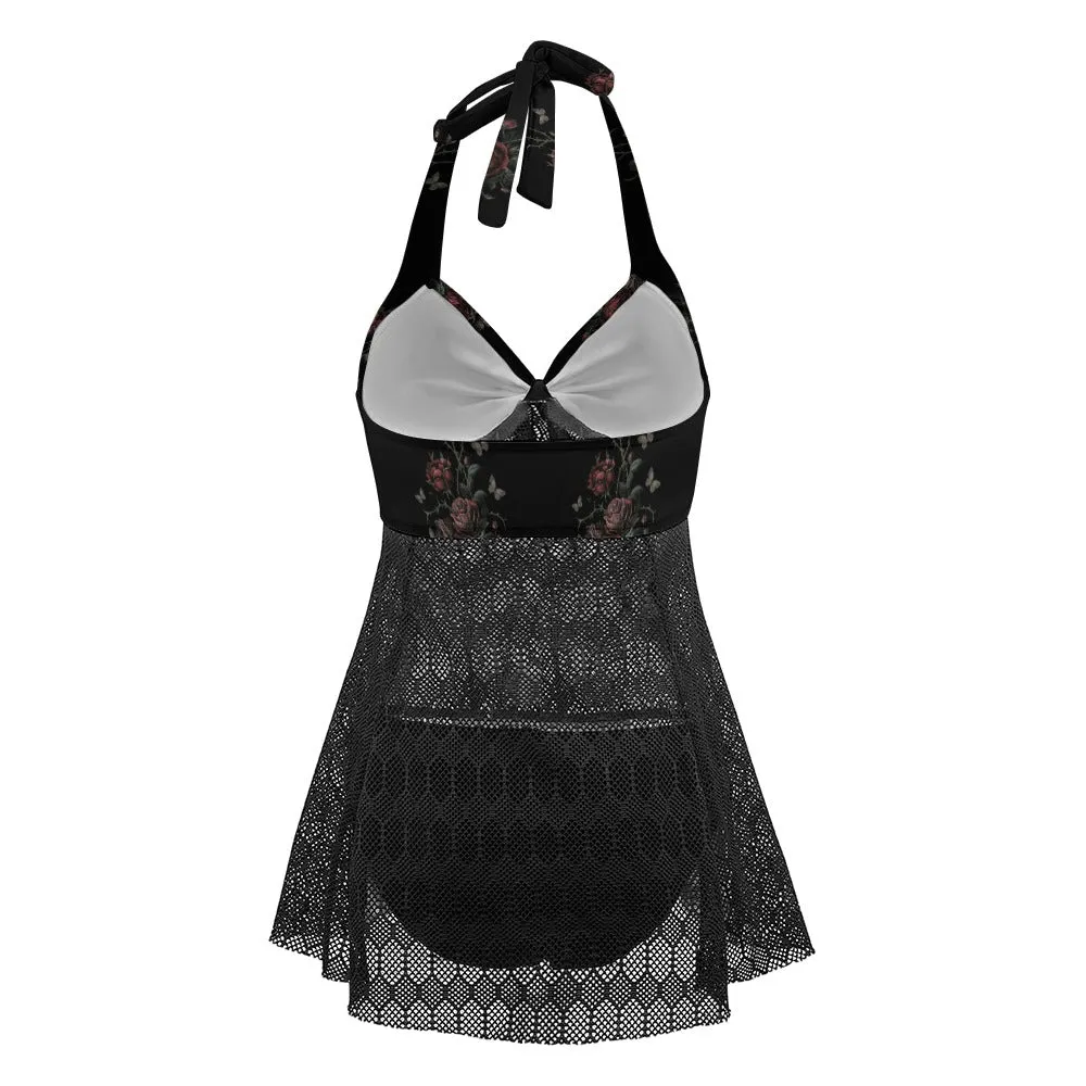 Vampire Art Goth Halter Two Piece Mesh Tankini Swimsuit - Rose Vines