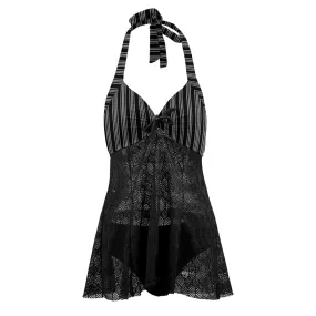 Vampire Art Goth Halter Two Piece Mesh Tankini Swimsuit - Victorian Black and White Stripes