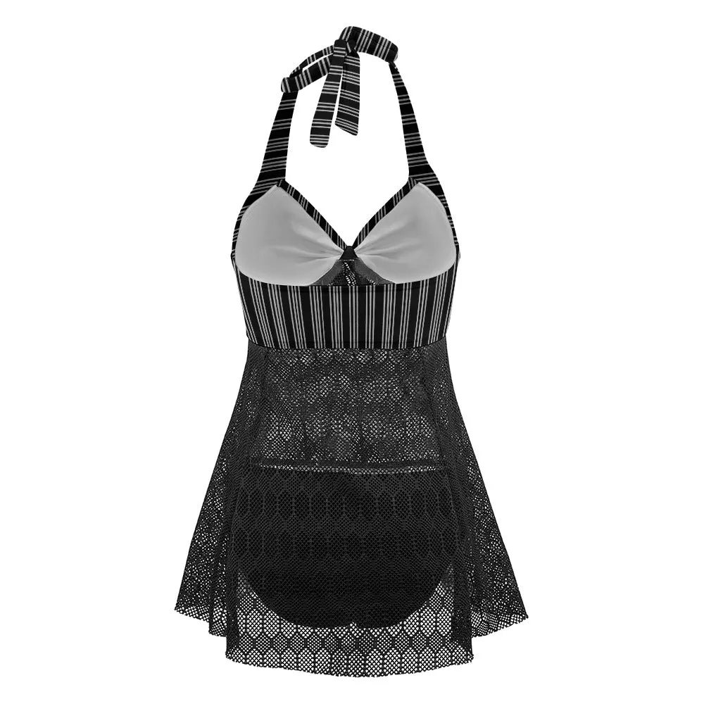 Vampire Art Goth Halter Two Piece Mesh Tankini Swimsuit - Victorian Black and White Stripes