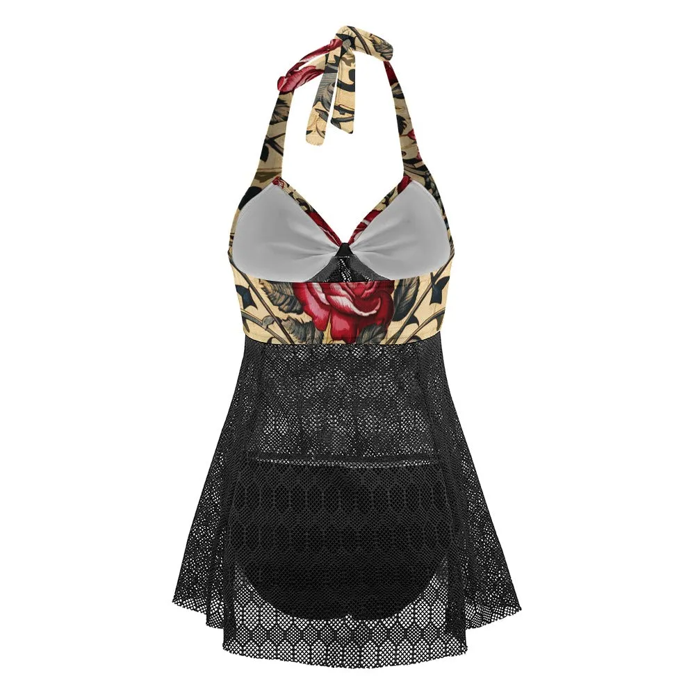 Vampire Art Goth Halter Two Piece Mesh Tankini Swimsuit - Victorian Rose