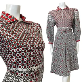 VINTAGE 60s 70s BLACK WHITE RED SQUARE GEOMETRIC BELTED SHIRT DRESS 12 14