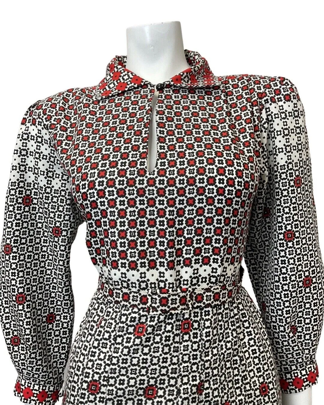 VINTAGE 60s 70s BLACK WHITE RED SQUARE GEOMETRIC BELTED SHIRT DRESS 12 14