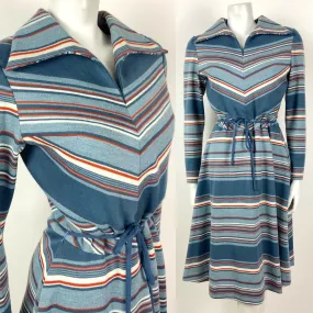 VINTAGE 60s 70s BLUE WHITE RED STRIPED WING COLLAR BELTED WOOL SWING DRESS 12