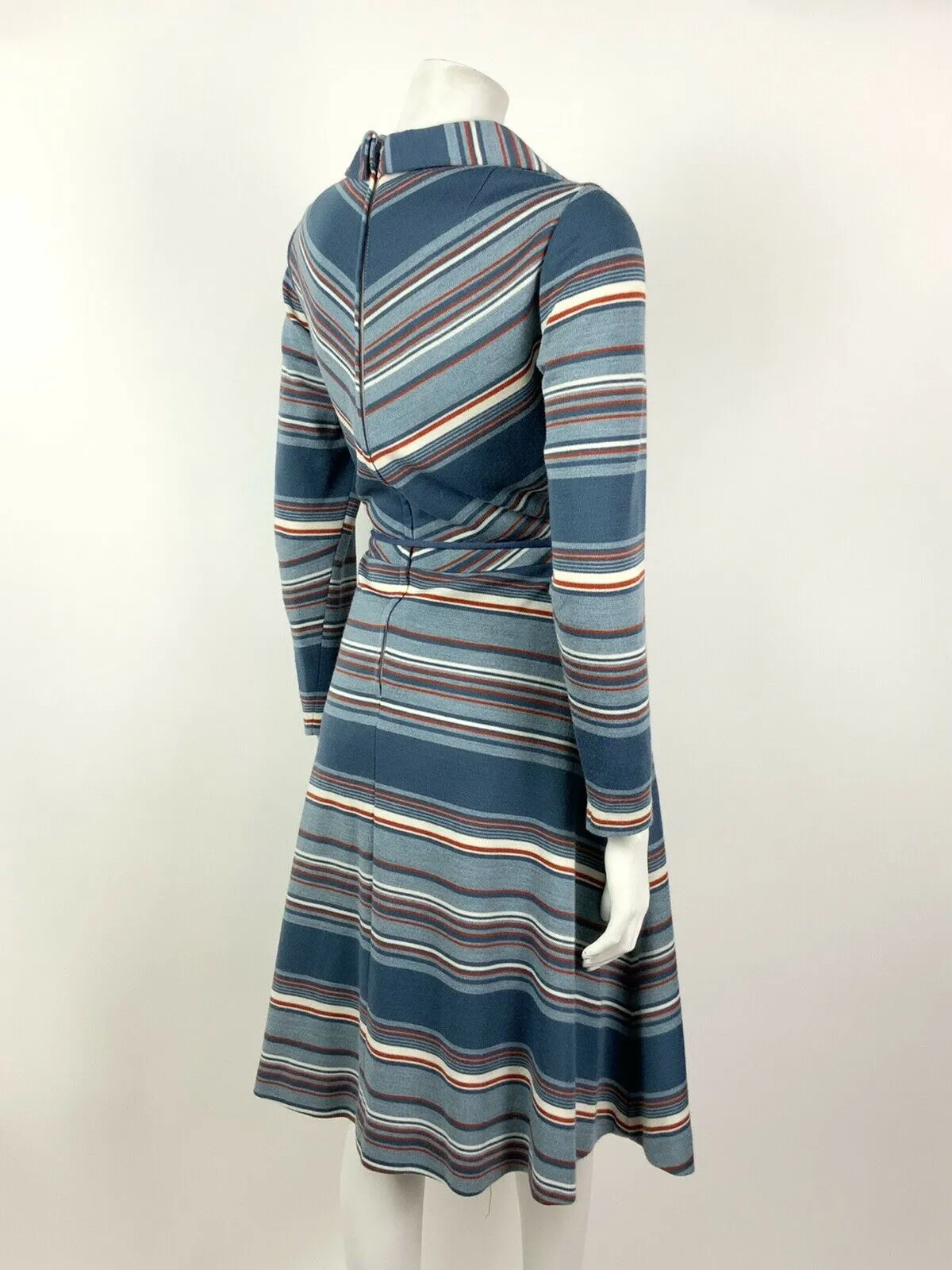 VINTAGE 60s 70s BLUE WHITE RED STRIPED WING COLLAR BELTED WOOL SWING DRESS 12