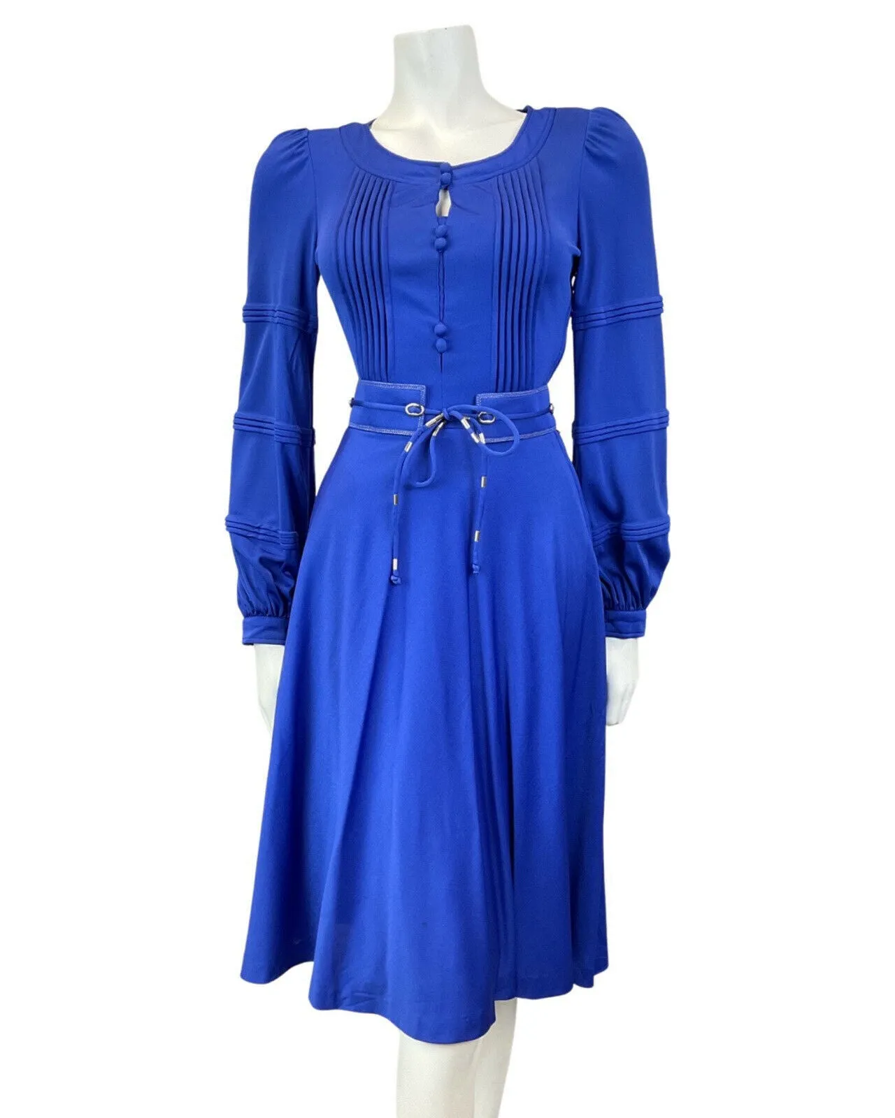 VINTAGE 60s 70s BRIGHT BLUE SILVER BELTED LOUIS FERAUD LONG SLEEVE SWING DRESS 6