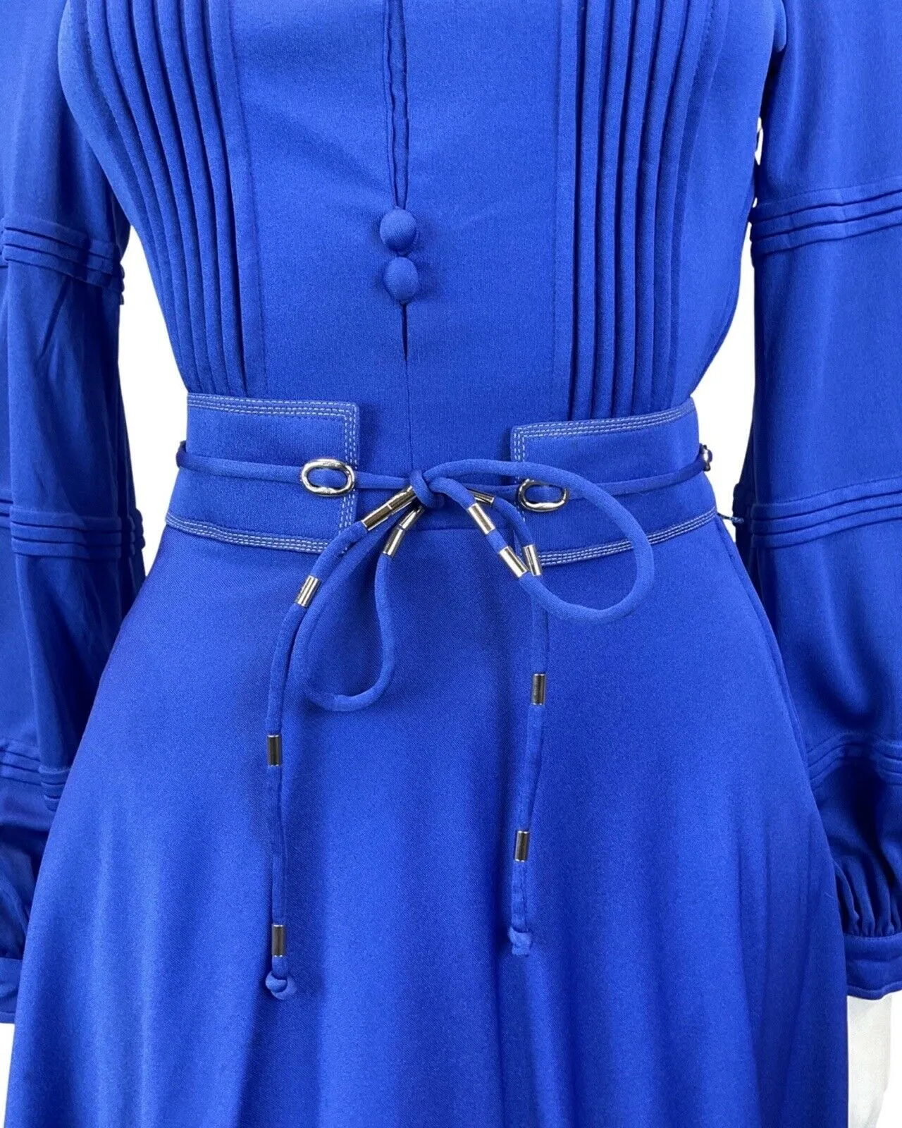 VINTAGE 60s 70s BRIGHT BLUE SILVER BELTED LOUIS FERAUD LONG SLEEVE SWING DRESS 6