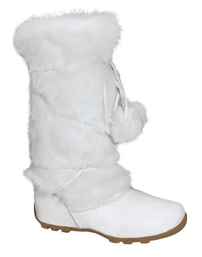 White Super Furry Pom-pom Winter Flat Boots Vegan Suede