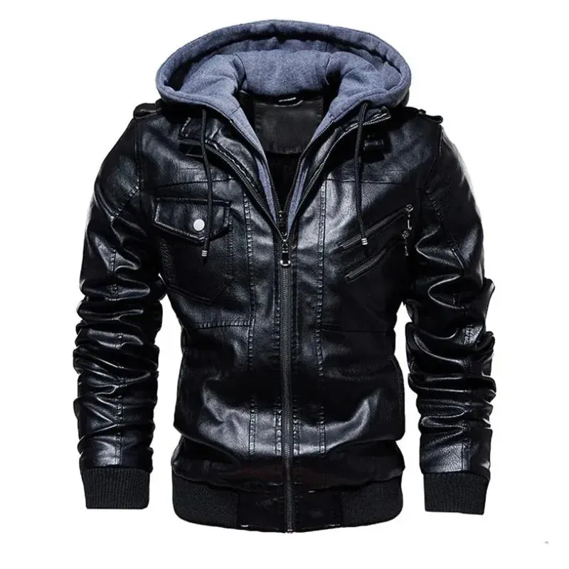 Winter High Quality Men's Leather Jacket Motorcycle Hooded Jacket Male Warm Casual leather Coat Fleece Men's Coats Clothing