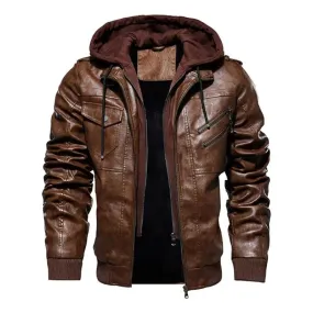 Winter High Quality Men's Leather Jacket Motorcycle Hooded Jacket Male Warm Casual leather Coat Fleece Men's Coats Clothing