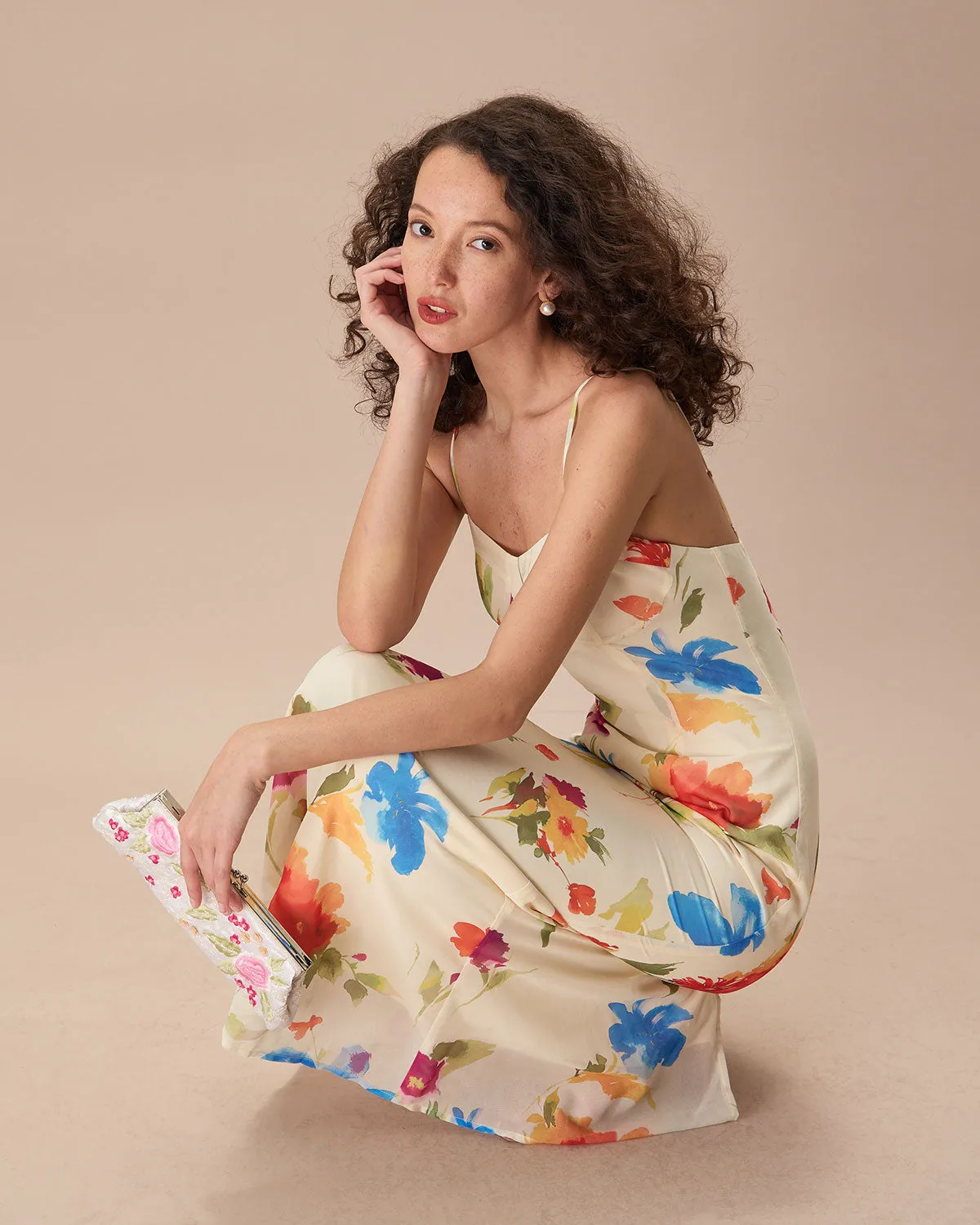 Women's Beige Floral Slip Maxi Dress